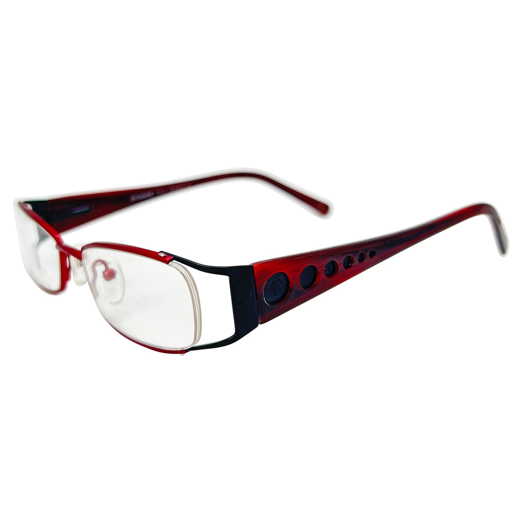 red colored glasses with a 90s vintage style frame