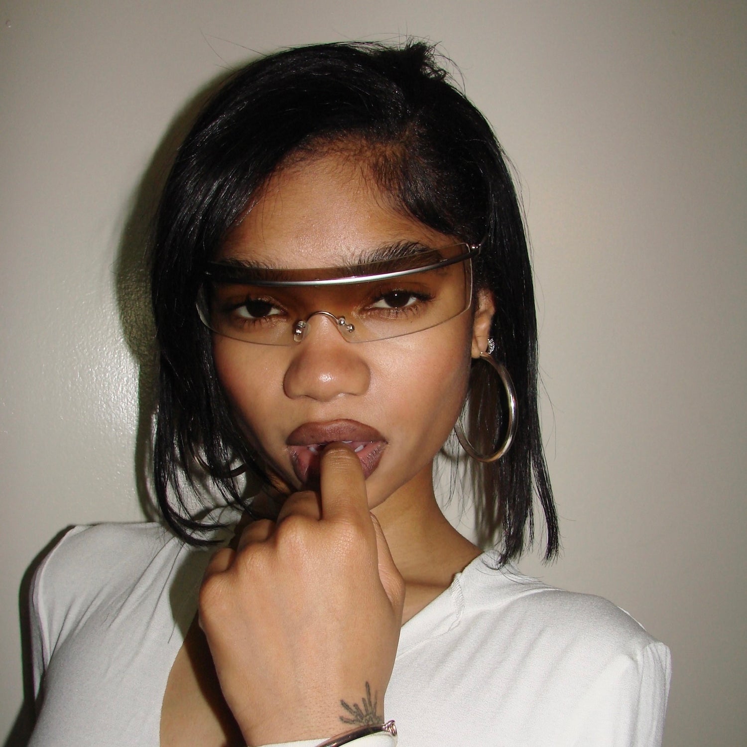 SQUEEZE IT Rimless Futuristic Shield Sunglasses-Giant Vintage Eyewear
