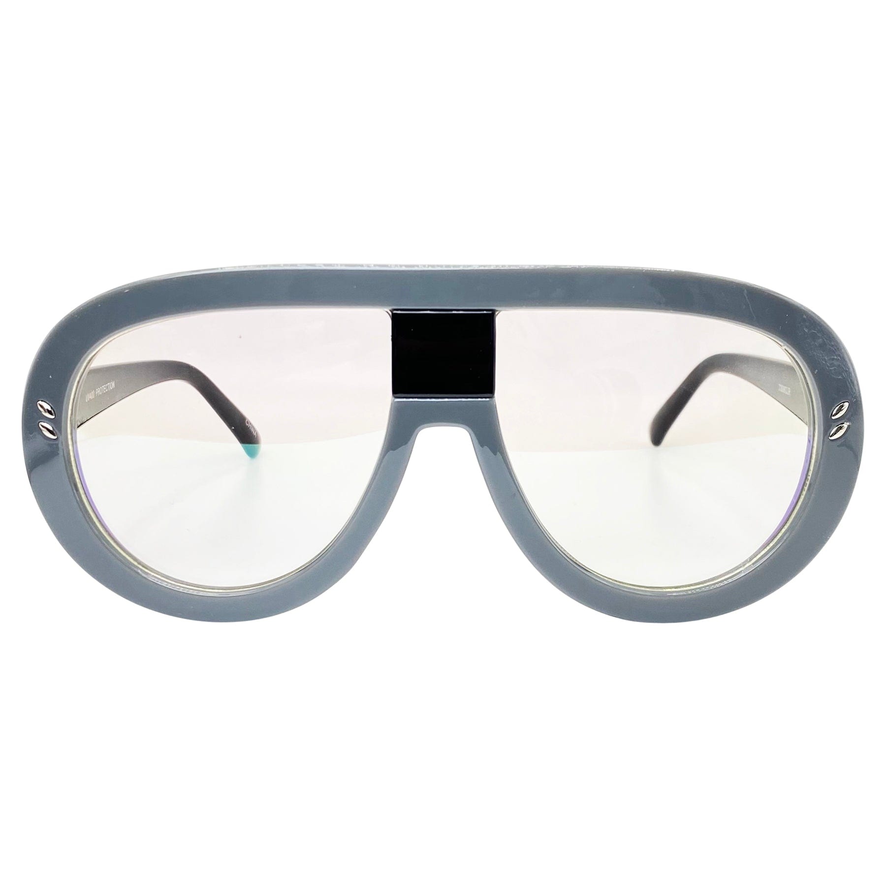 gray colored glasses with a 70s inspired chunky aviator frame and iridescent lenses