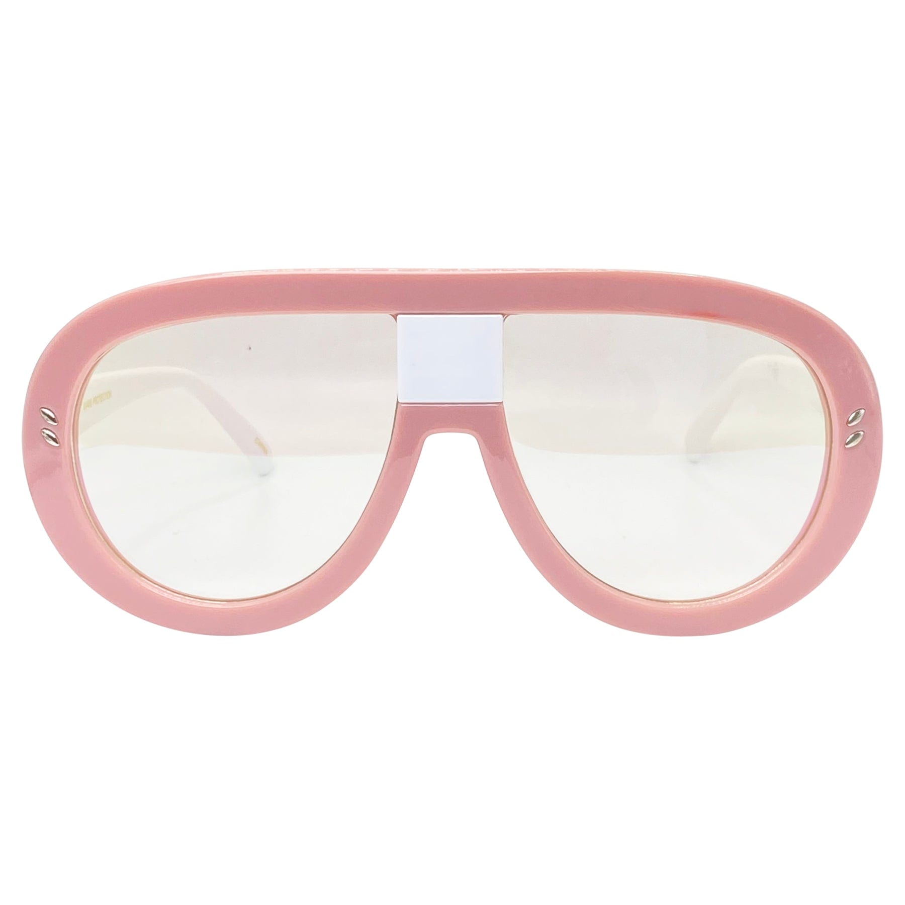 vintage inspired 70s glasses with a oversized chunky frame and clear iridescent lenses