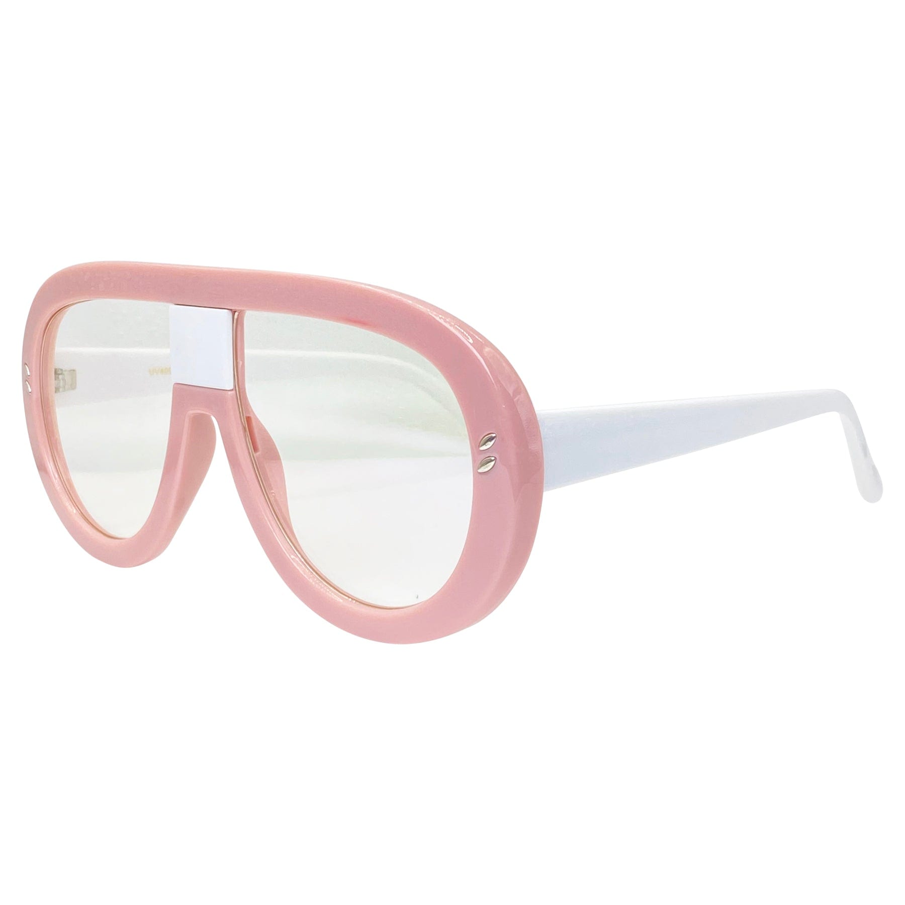 chunky big glasses with a white and pink aviator frame 