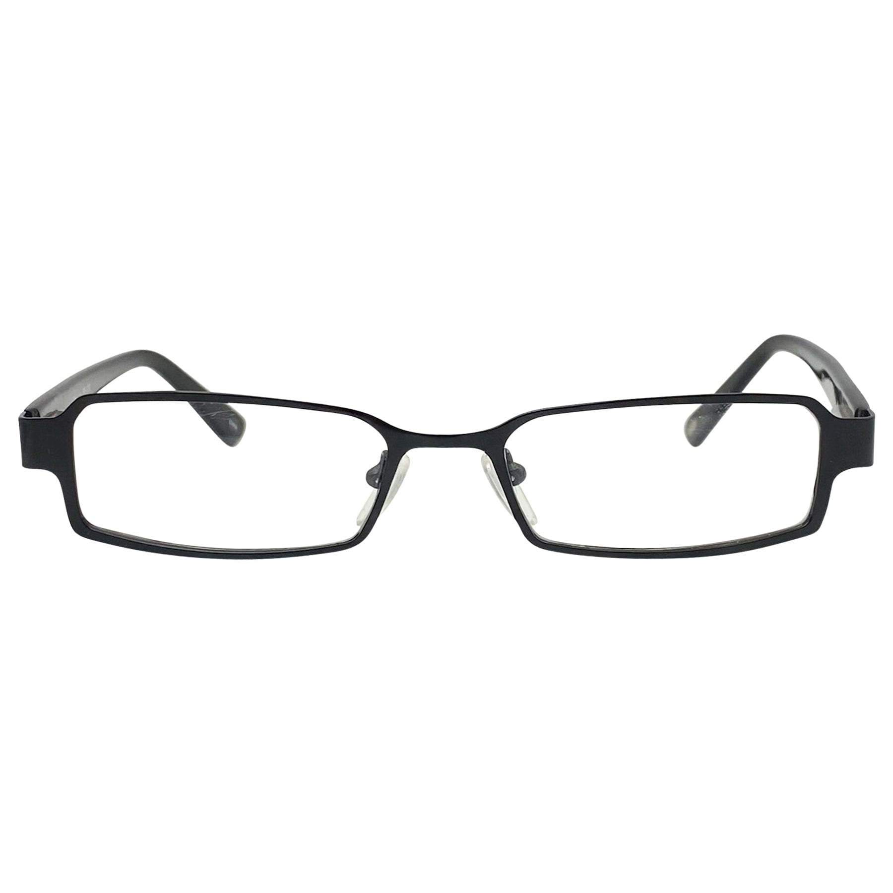 unisex and mens clear glasses with a matte black metal frame and 90s style