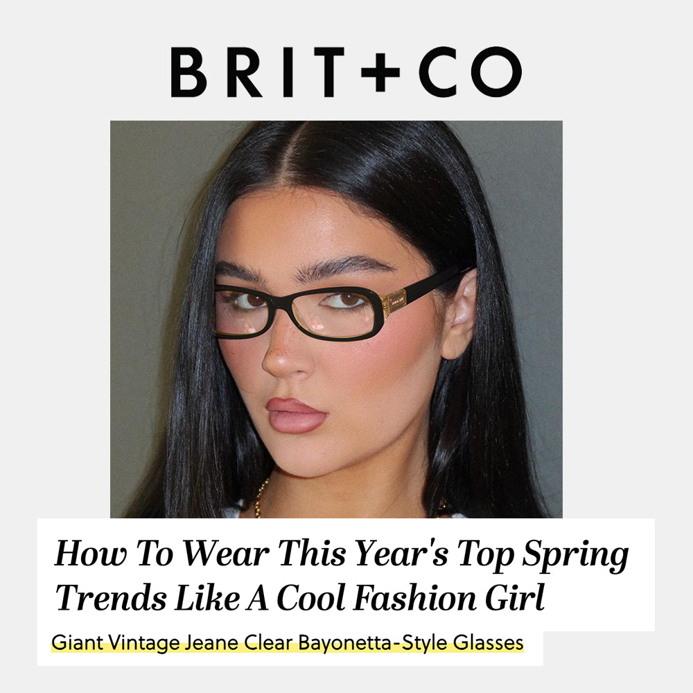 Giant vintage Jeane Clear bayonetta style glasses featured on Brit + Co magazine
