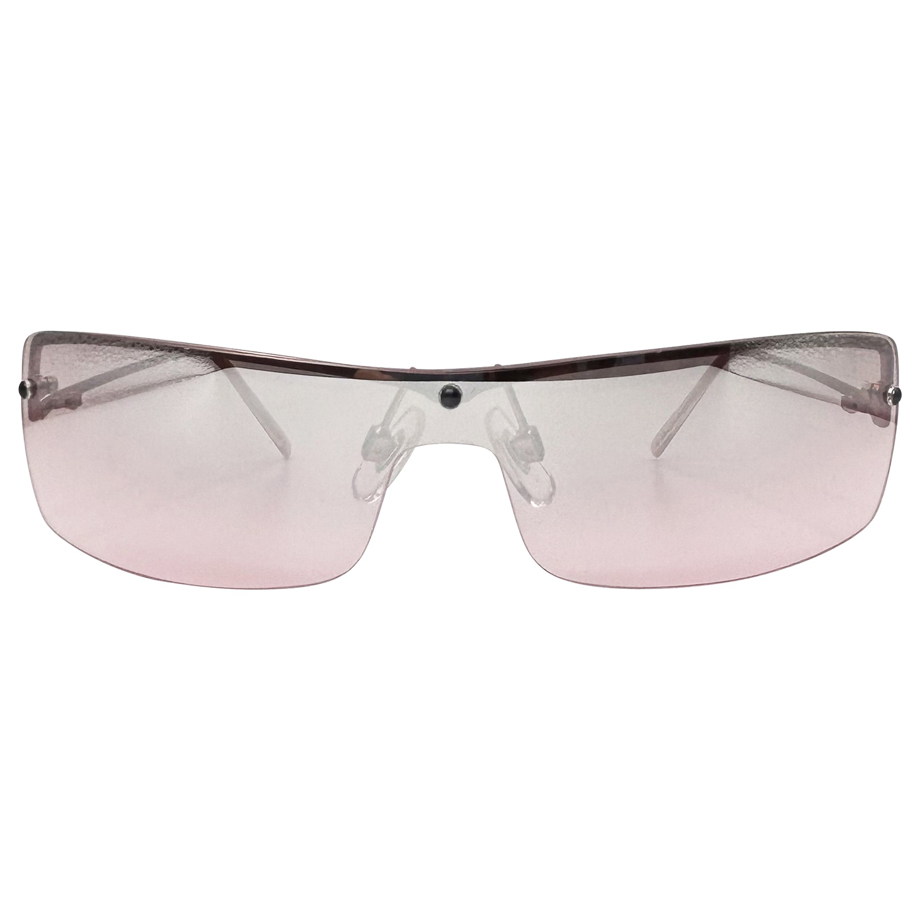 pink colored sunglasses with a metal y2k style frame 