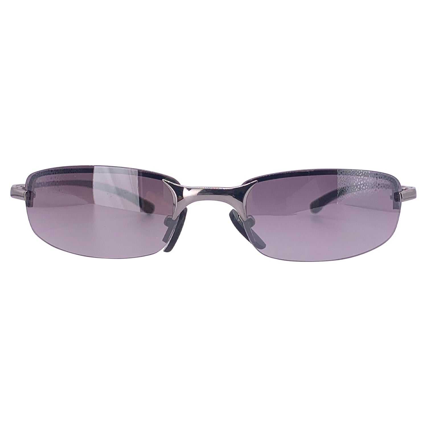Rimless small 90's sunglasses with smoke lens and silver metal frame