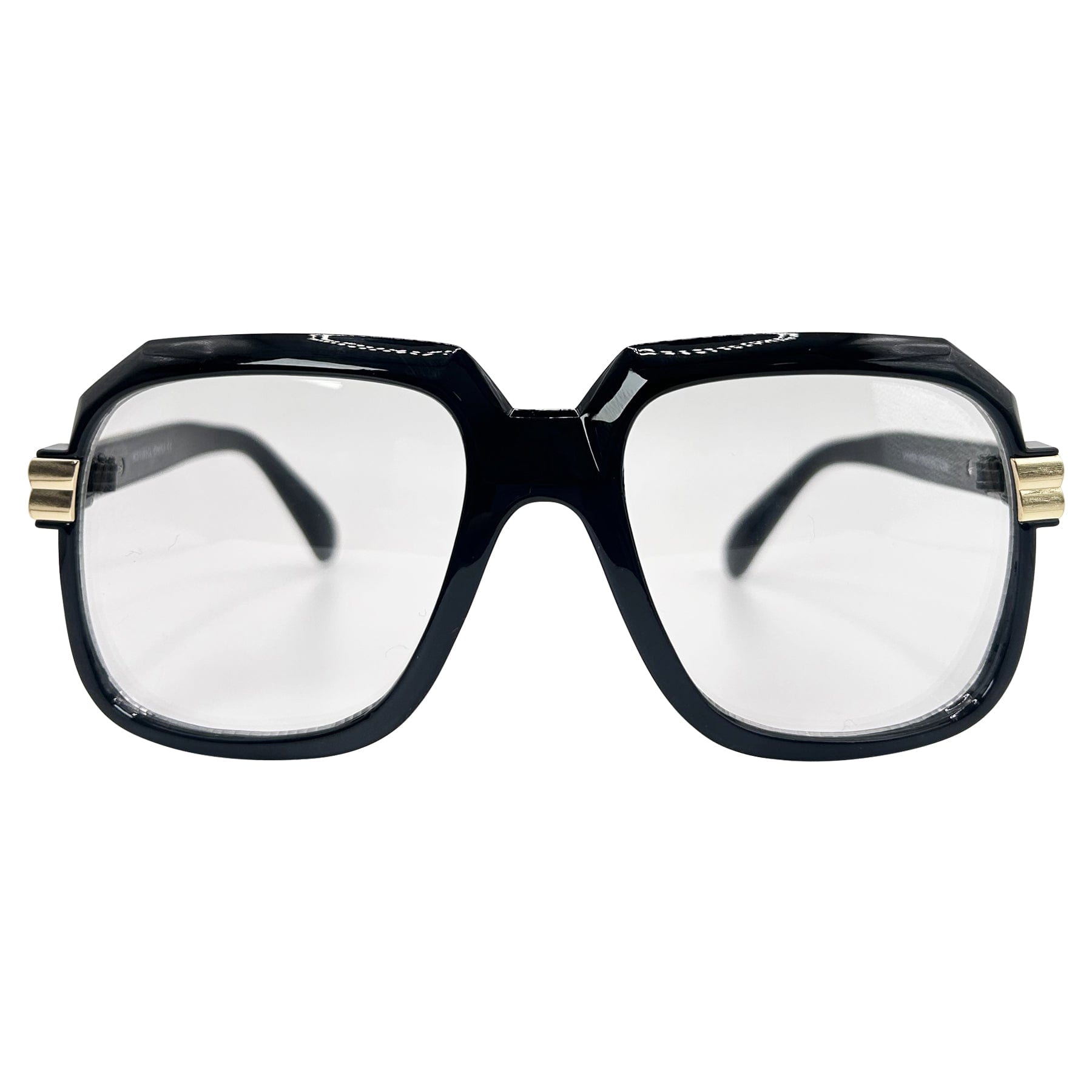 square oversized glasses with a black frame and clear lens