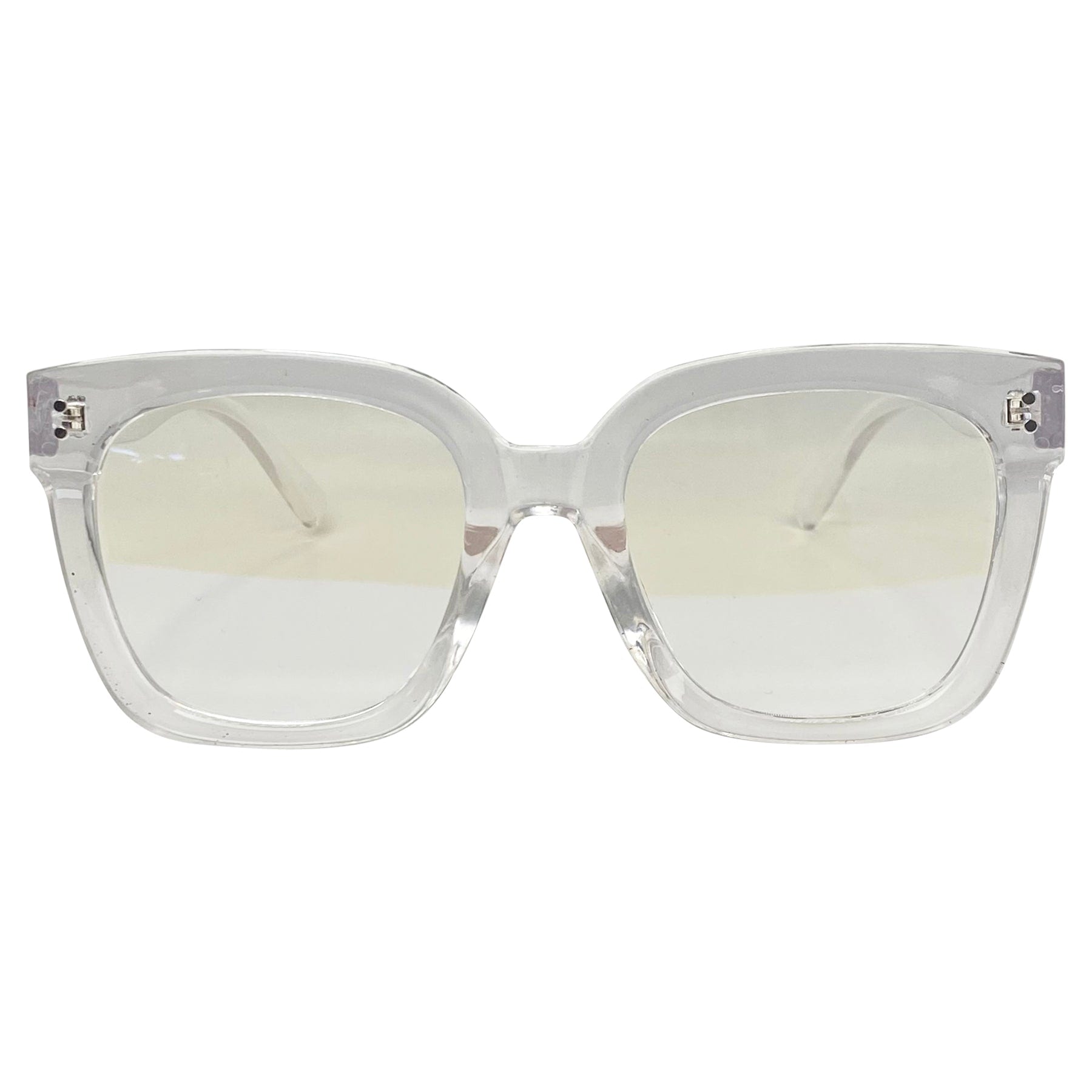 retro inspired glasses with a crystal clear chunky frame and blueblocker clear lens