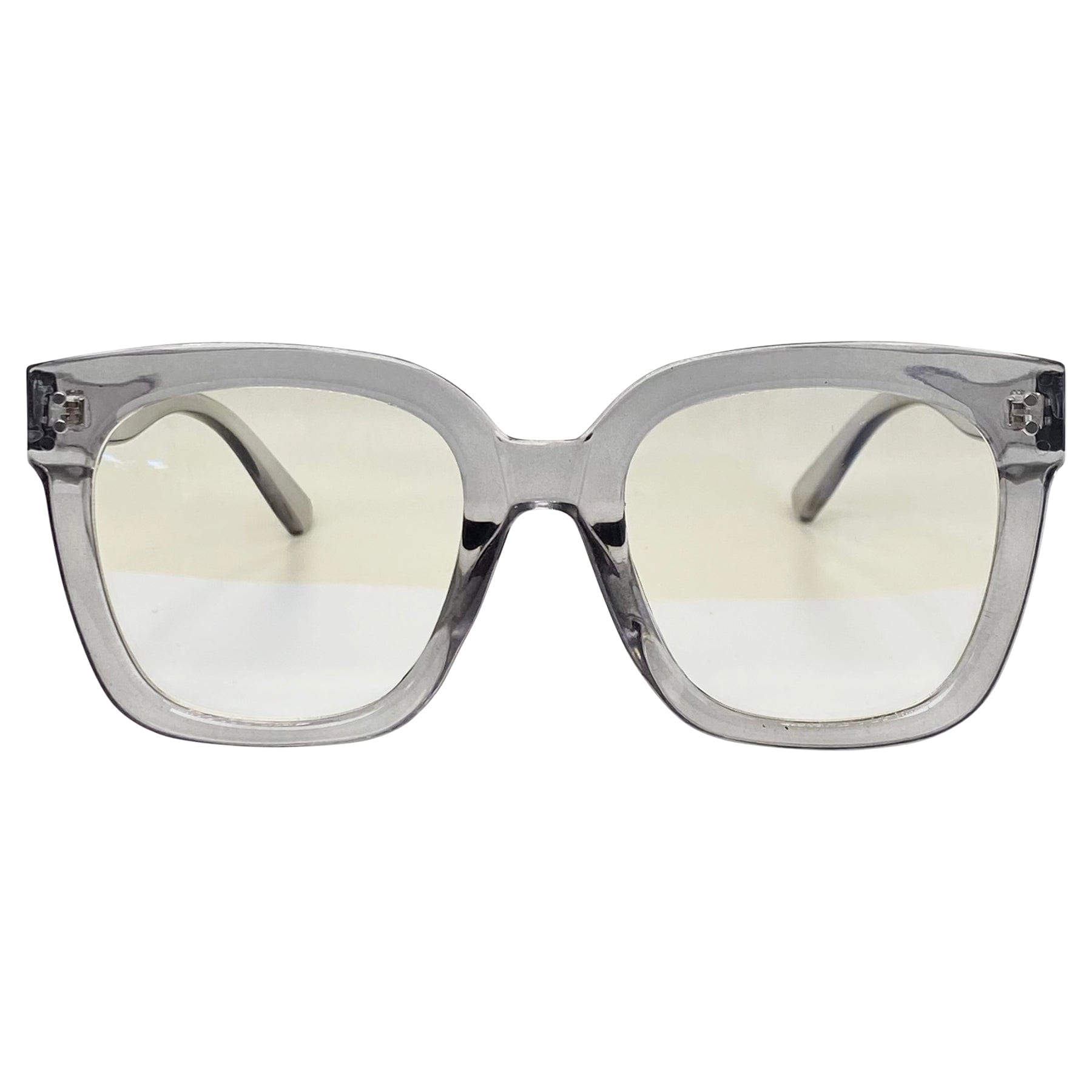 oversized chunky glasses with a crystal gray color frame and clear lenses