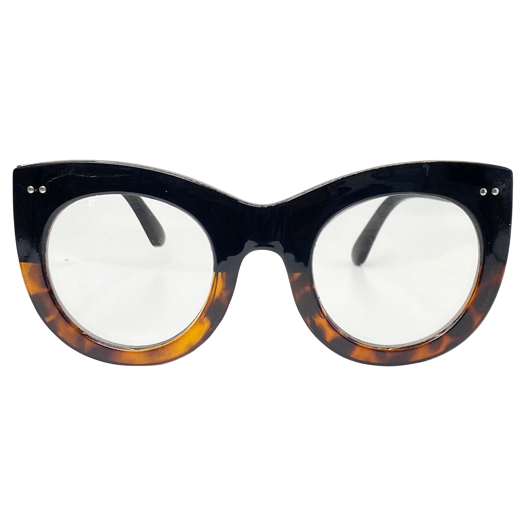 cat eye clear round glasses with black and tortoise colored frame
