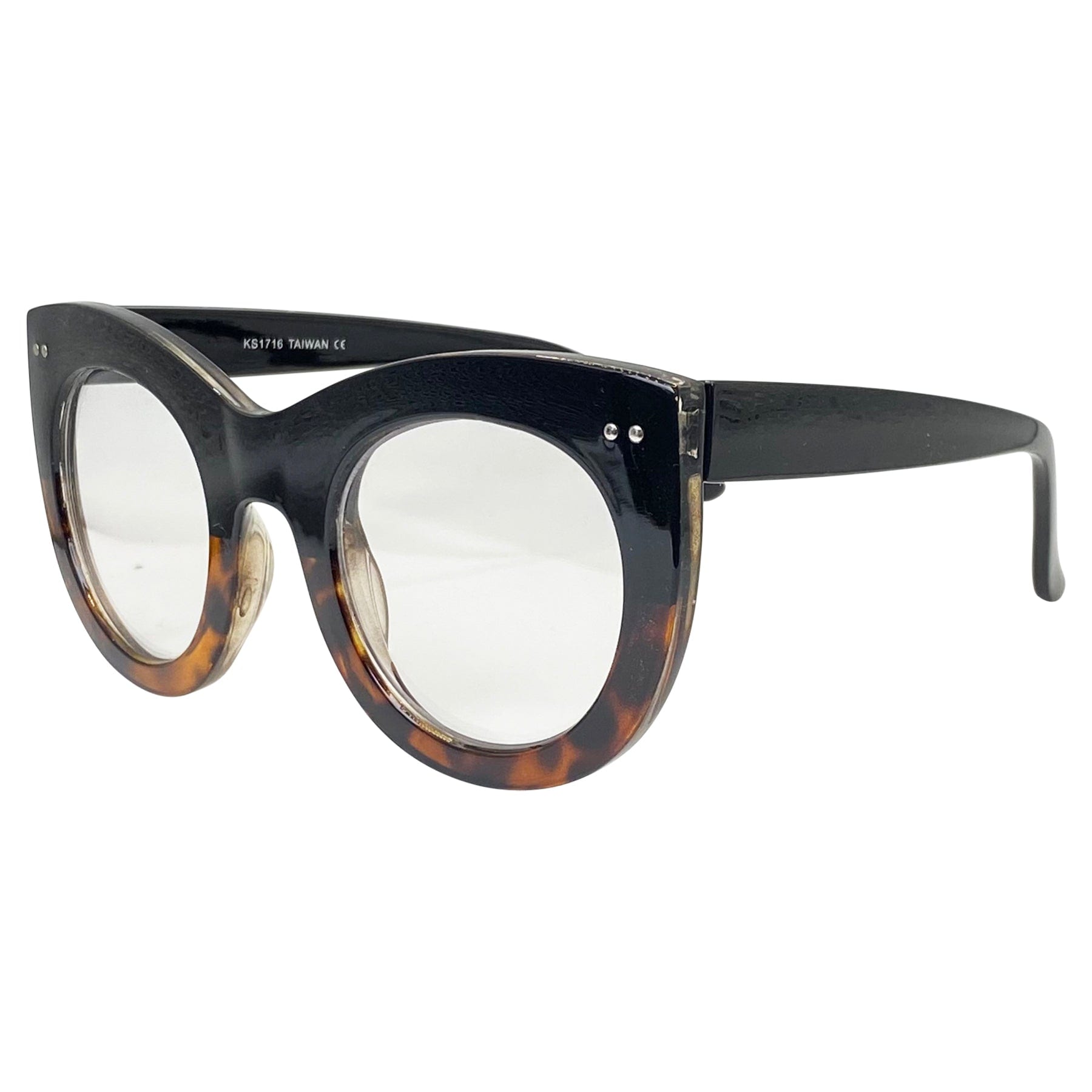 black and tortoise colored glasses with a rounded cat eye shaped frame