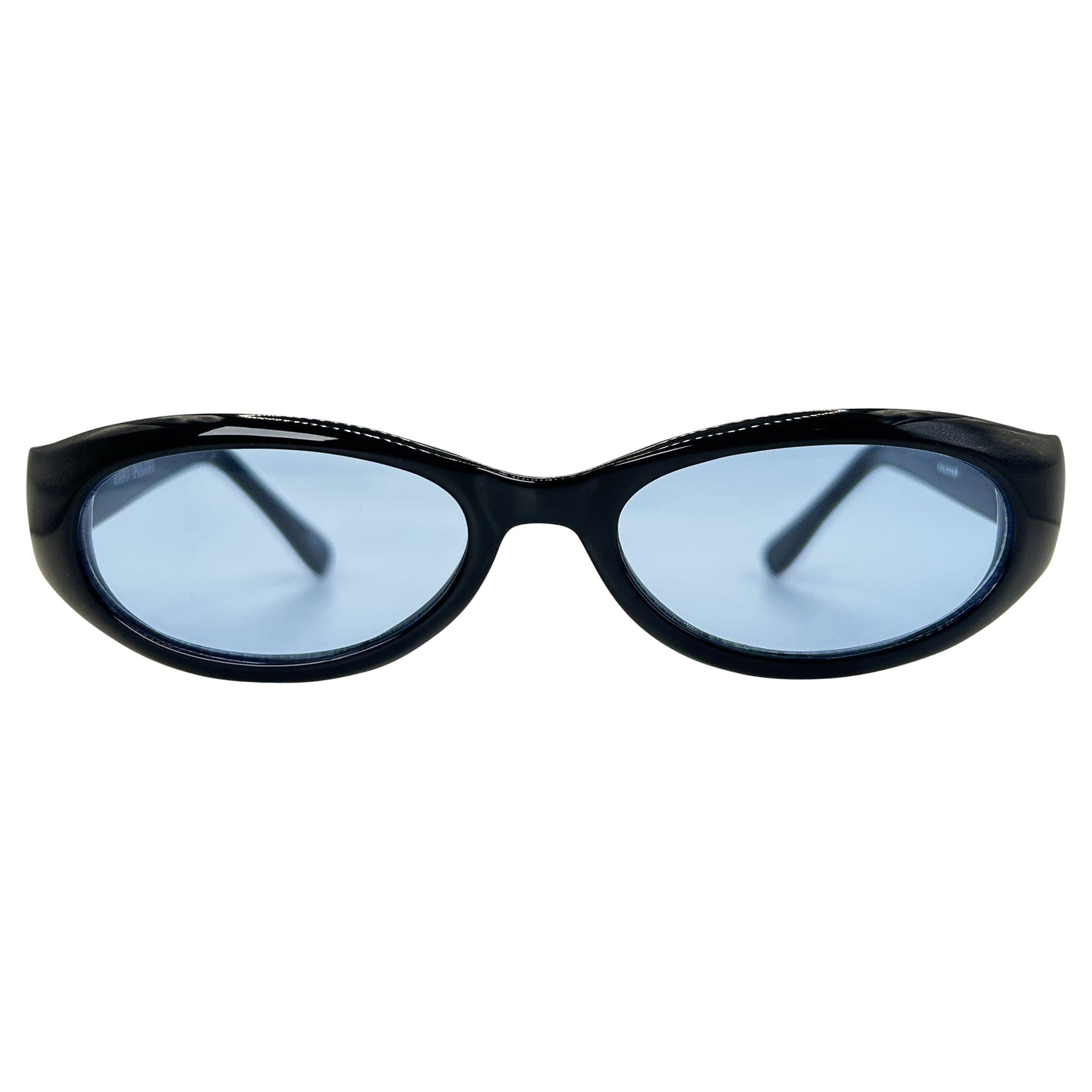 mens black 90s sunglasses with a blue lens