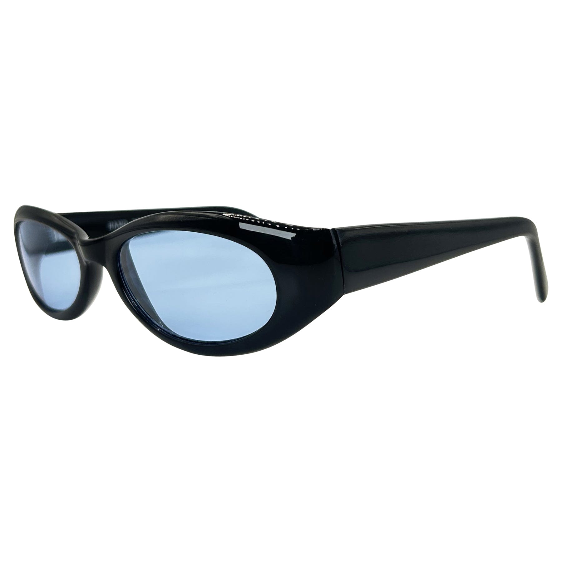 funky colorful sunglasses with a black frame and blue lens