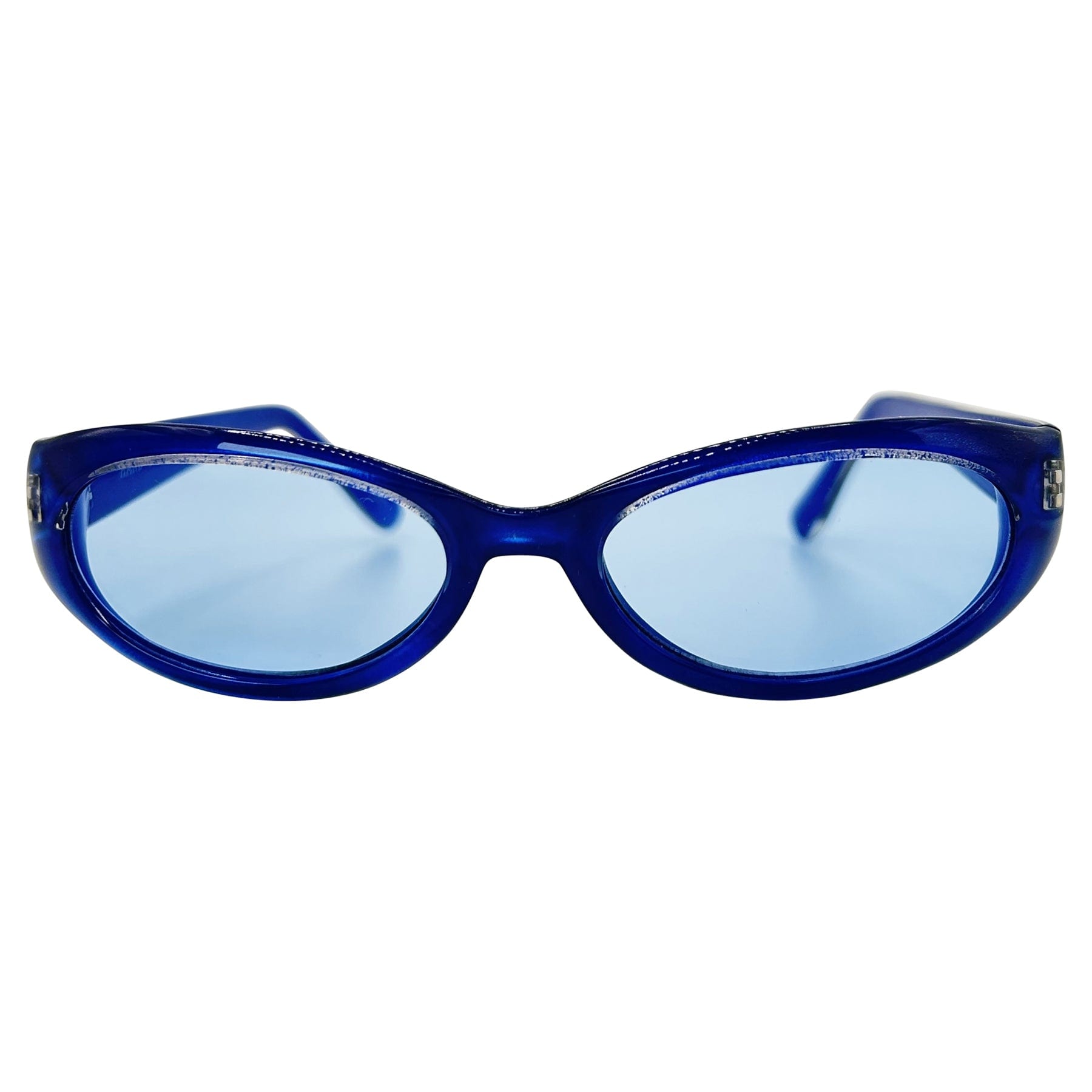 blue sunglasses womens and unisex with a 90s style frame 