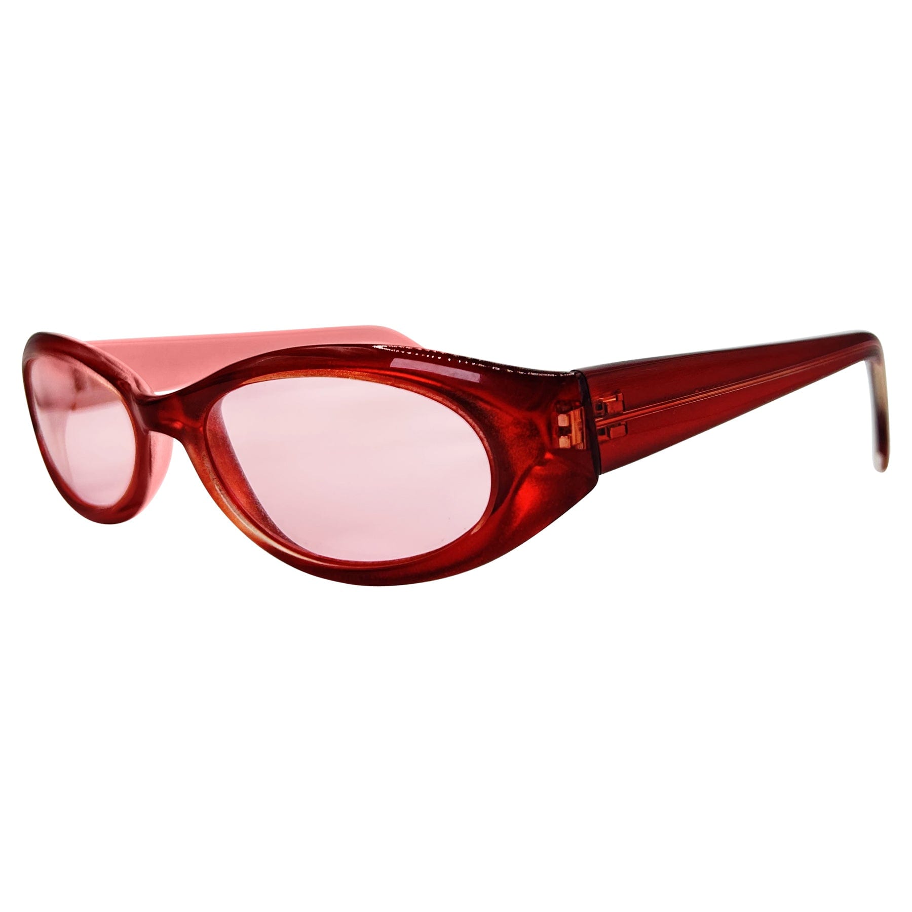 red sunglasses with a 90s retro style frame