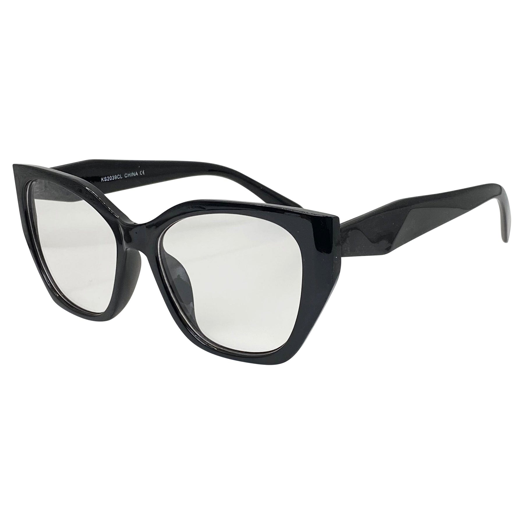 black color glasses with angular cat eye shaped frame and clear lens 