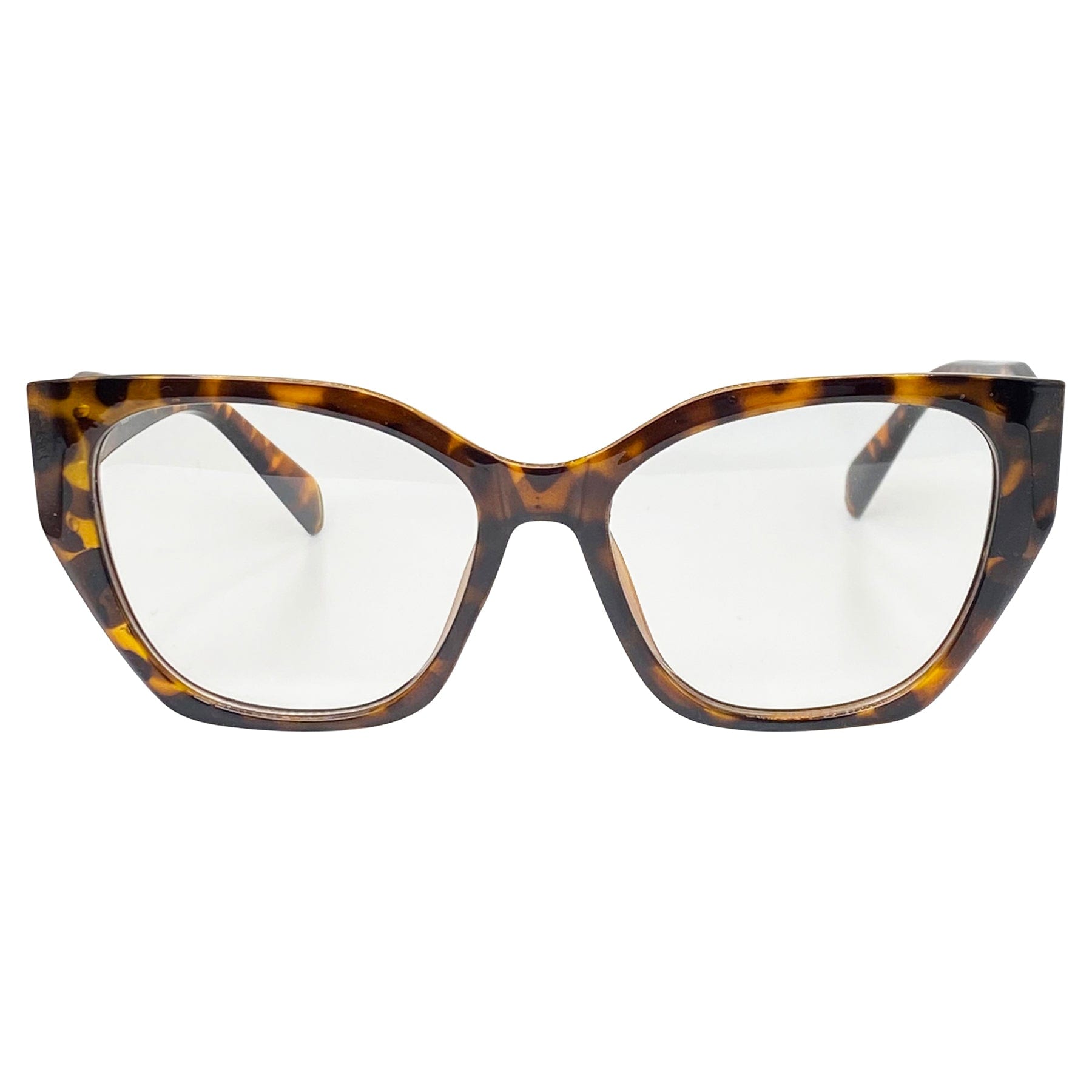 big glasses with an angular cat eye shaped tortoise frame