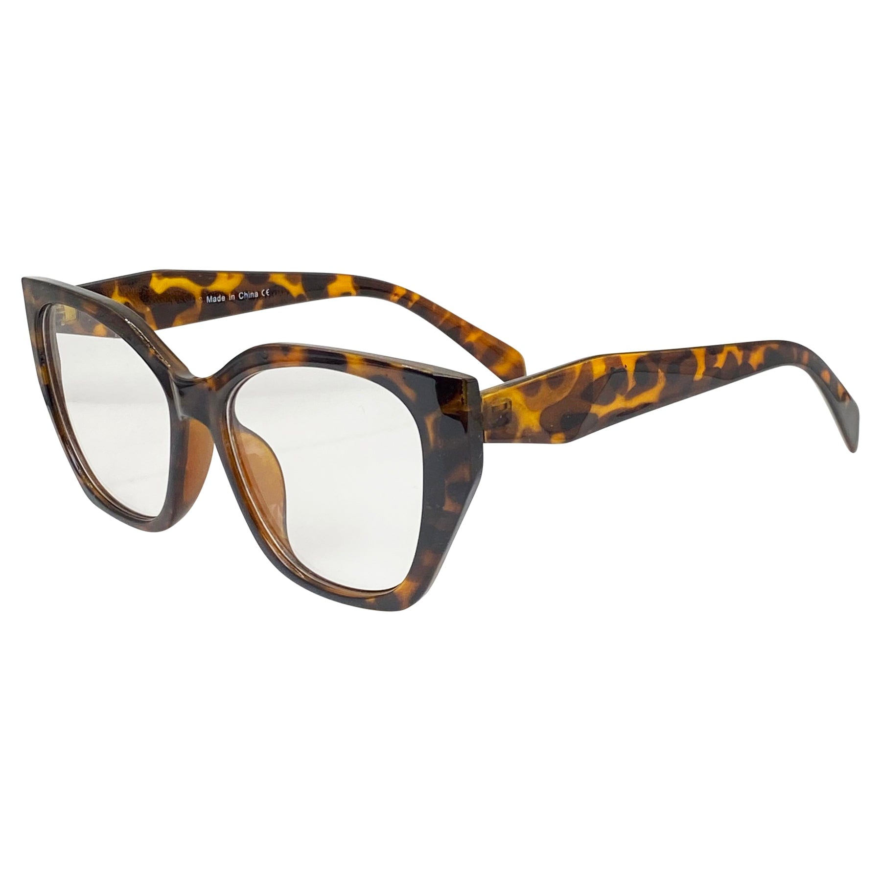 tortoise colored glasses with clear lens and cat eye frame