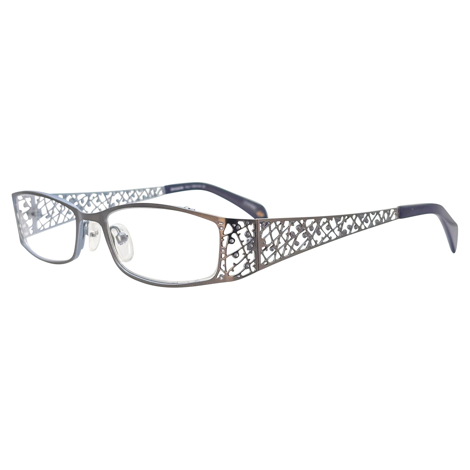Black and gunmetal eyeglasses with a bayonetta/office siren look. Optical quality fashion eyewear.