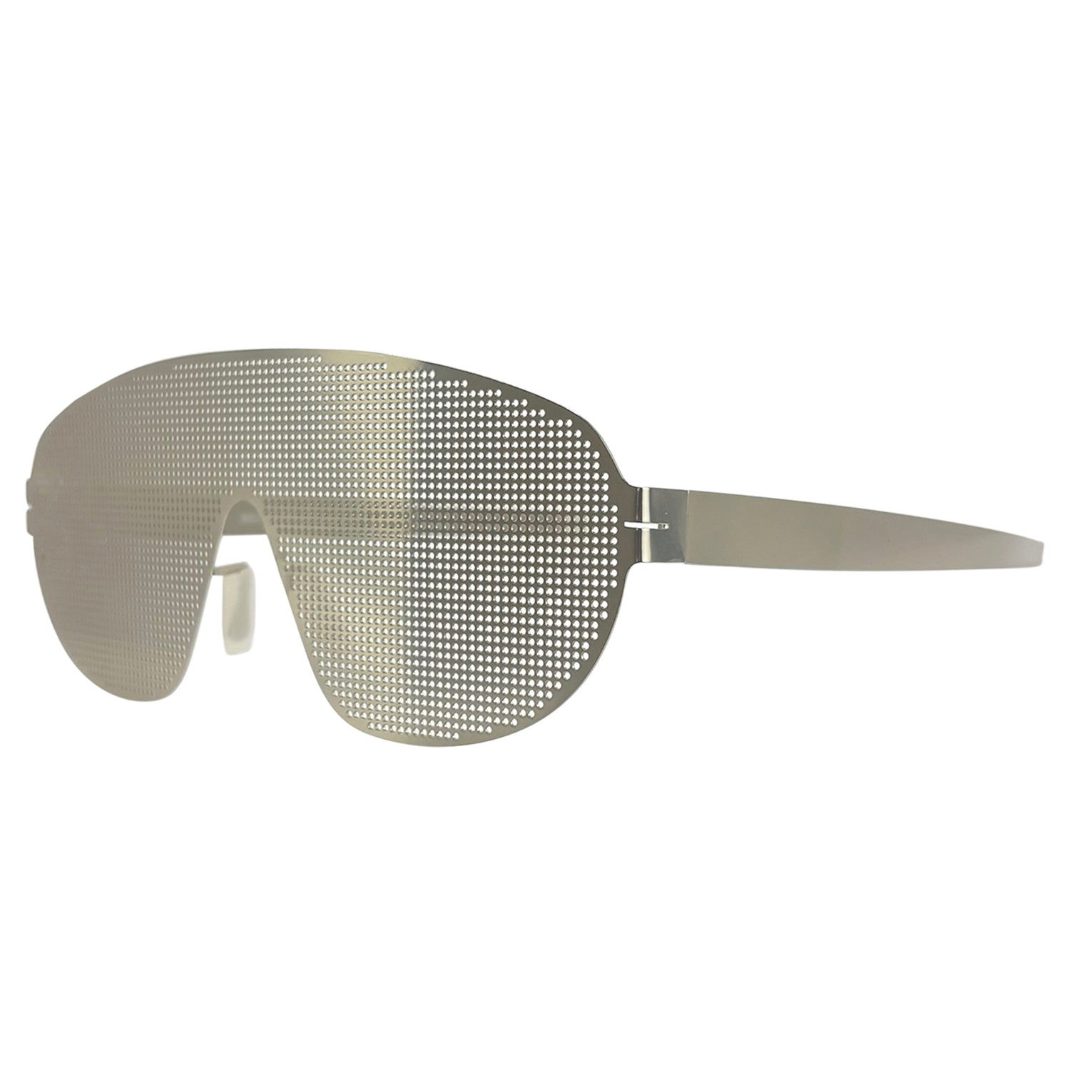 Sunglasses with a metal shield, grid-like pattern