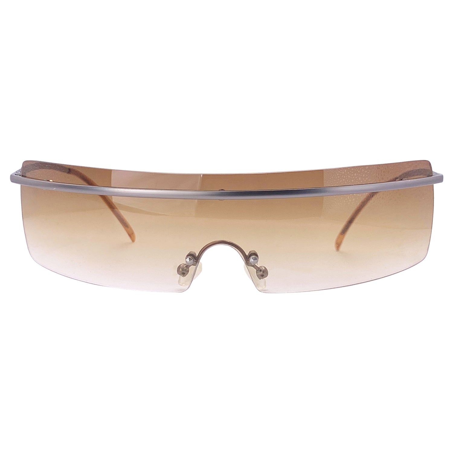 SQUEEZE IT Rimless Futuristic Shield SunglassesGunmetal/Amber-Giant Vintage Eyewear