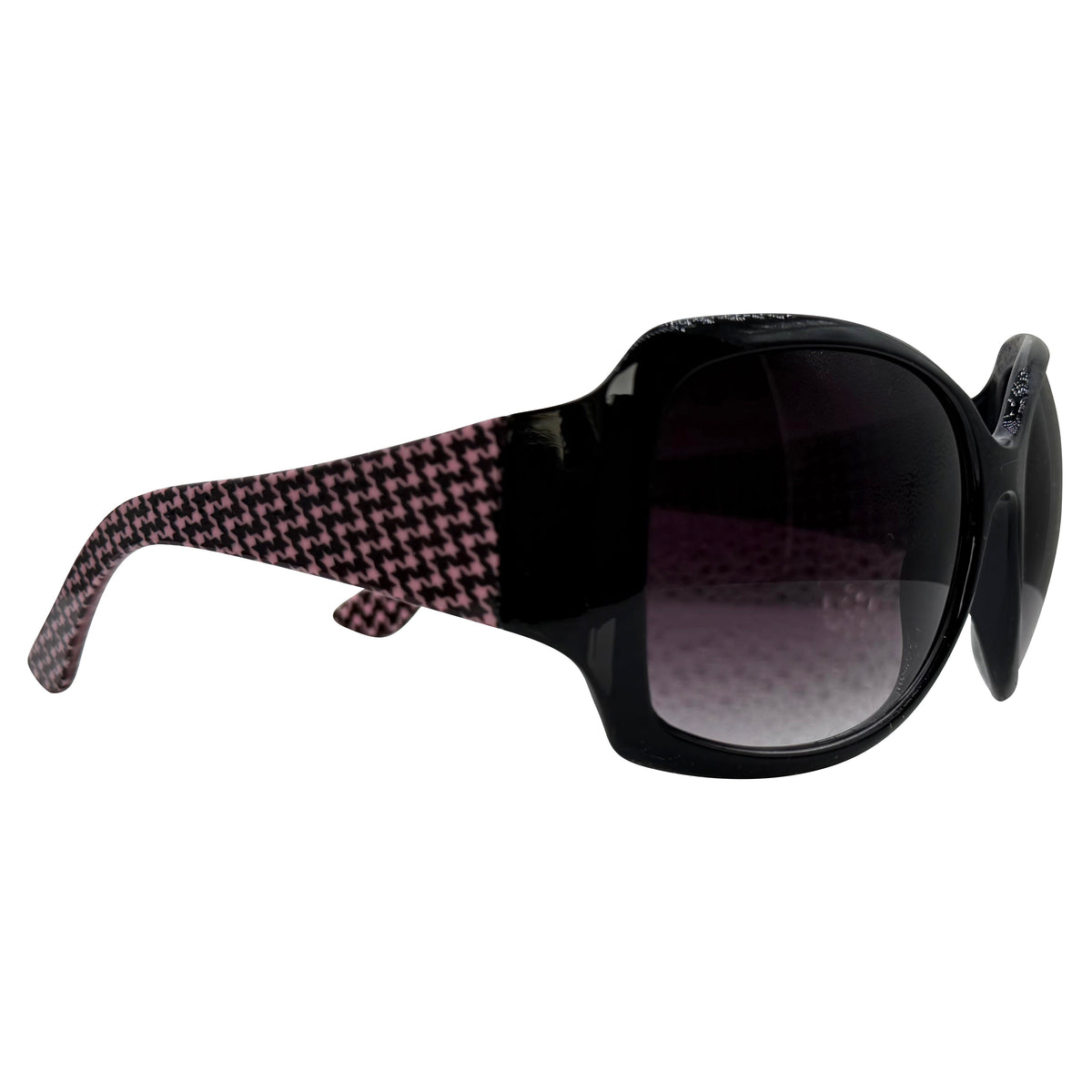 A pair of women's OXFORD sunglasses featuring a glossy black frame, gradient dark lenses, and patterned pink and black houndstooth temple arms, shown against a plain white background.