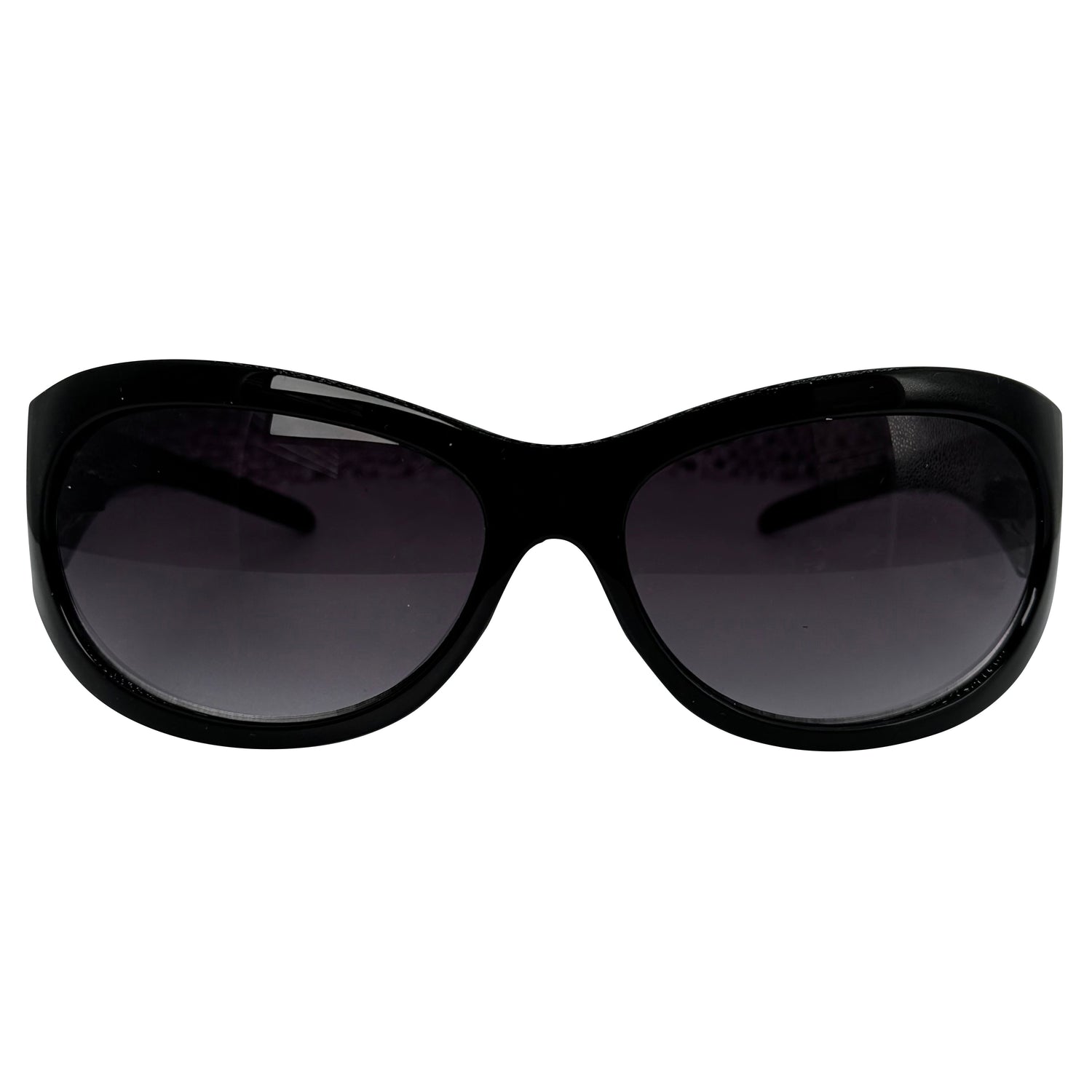 Black cat-eye sunglasses with dark tinted lenses, shown against a plain white background.