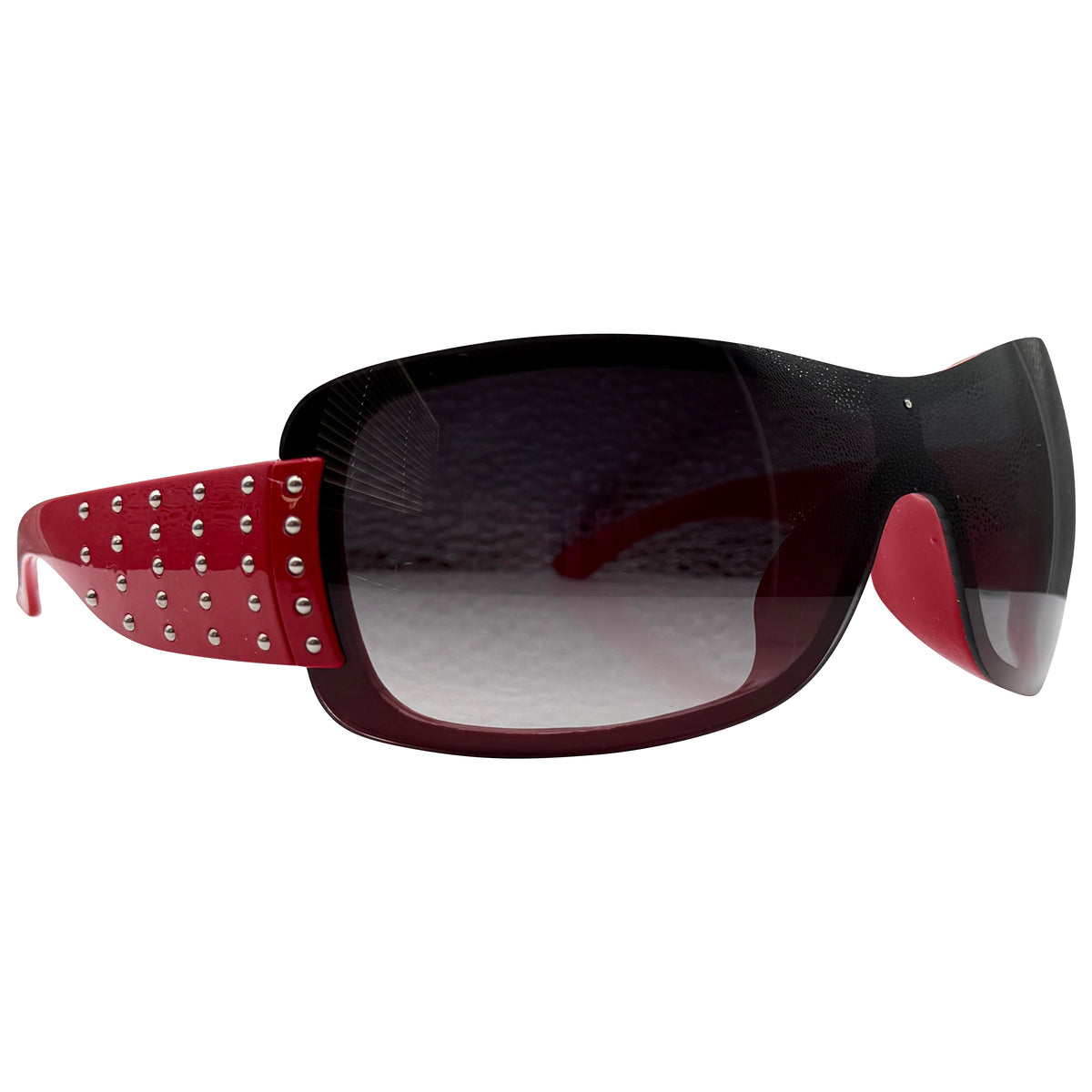Studded HANNAH red and black oversized shield sunglasses with gradient lenses, shown on a plain white background.