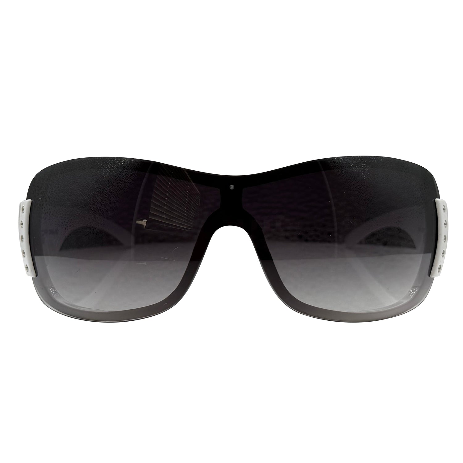 A pair of HANNAH oversized shield-style sunglasses with a glossy black frame and dark gray gradient lenses, shown against a plain white background.