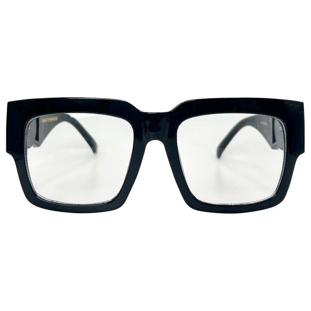 big square glasses with a black frame and clear lens 