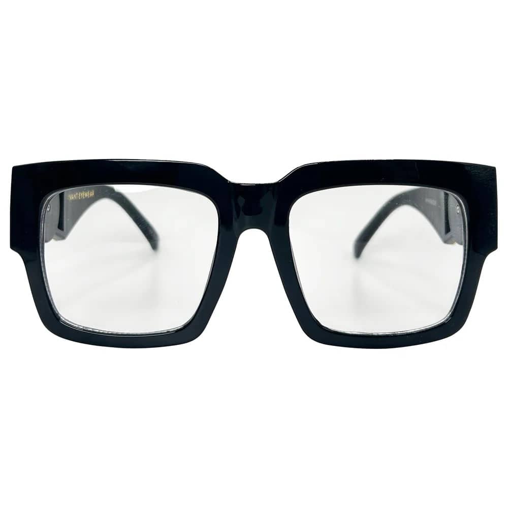 big square glasses with a black frame and clear lens 