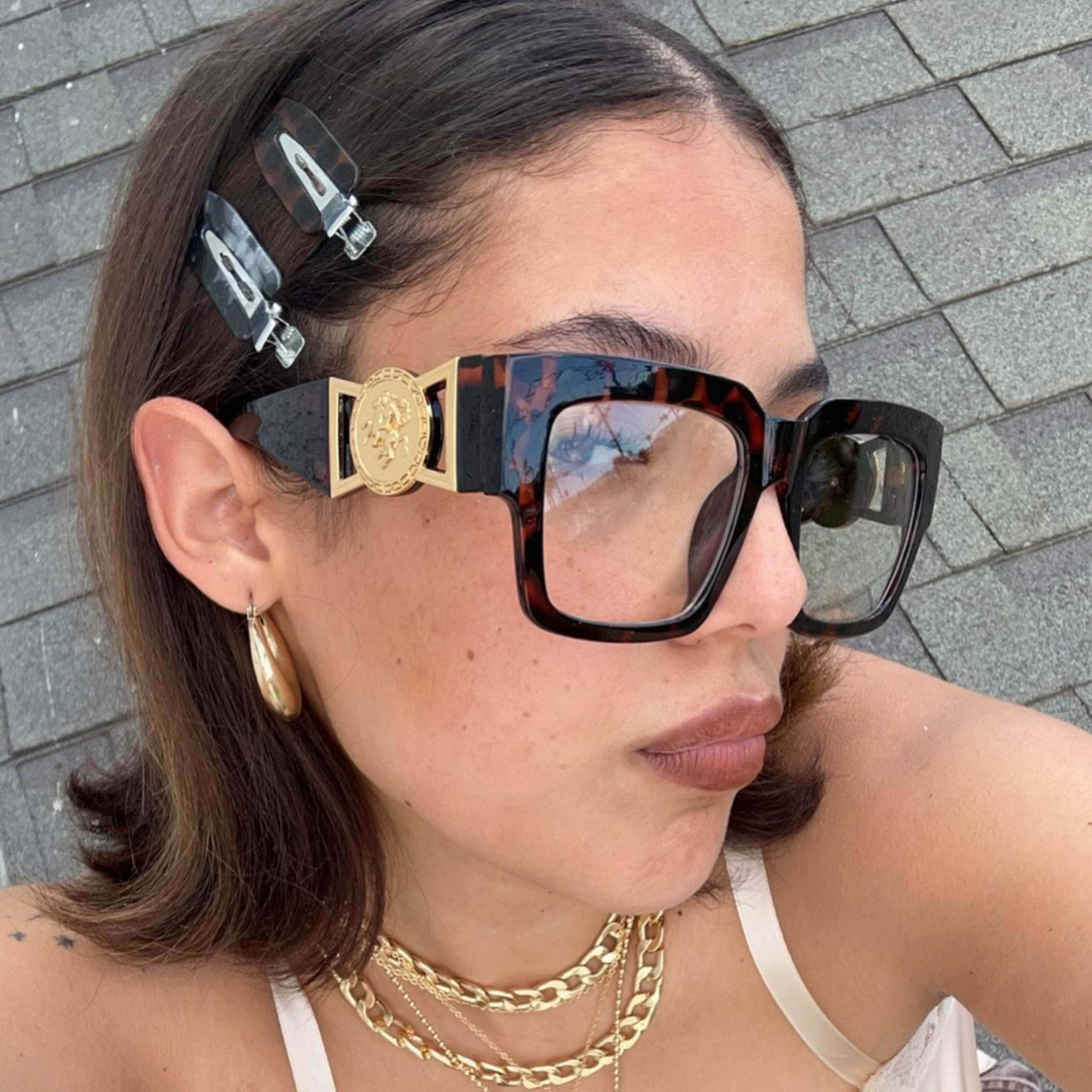 chunky square clear glasses women styled on model