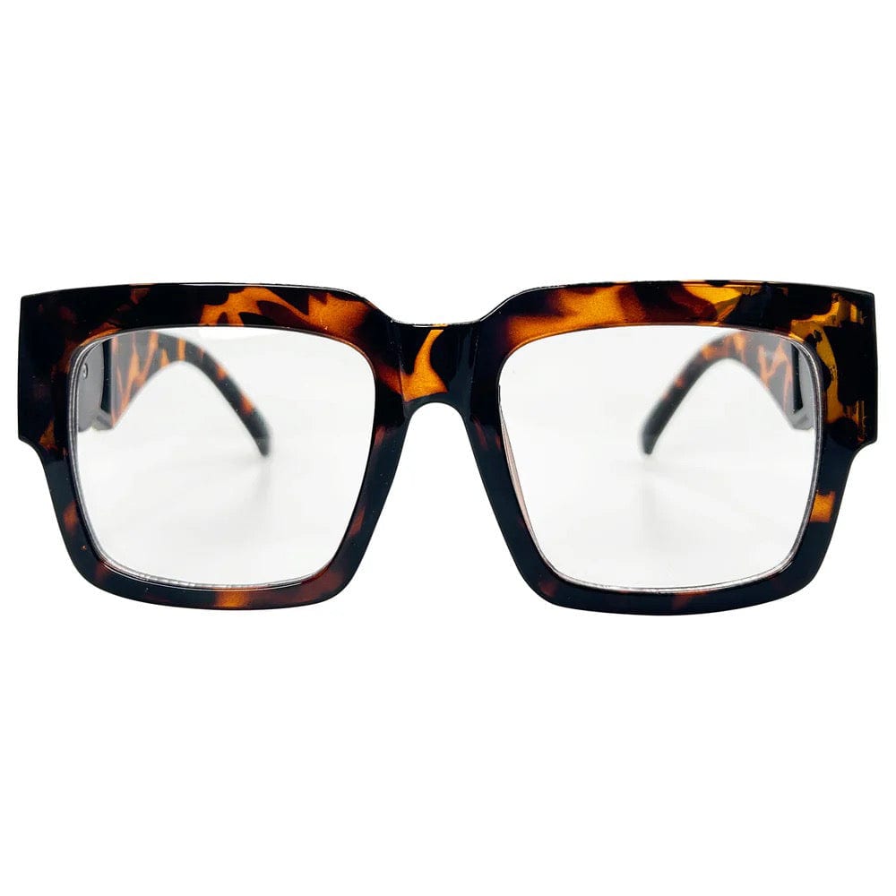 oversized square glasses with a tortoise shell colored frame and clear lens 