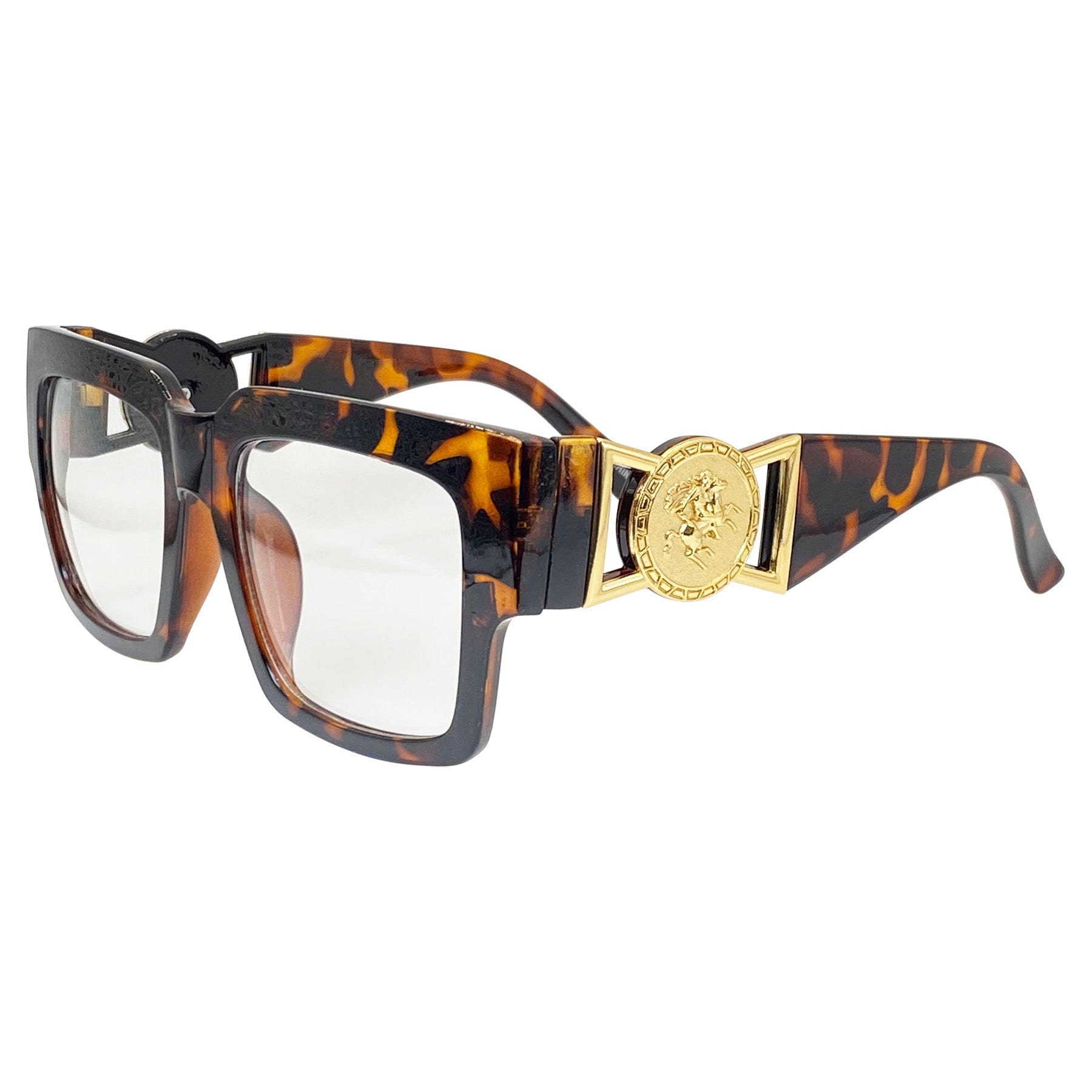 tortoise colored glasses with a gold temple embellishment and clear lens