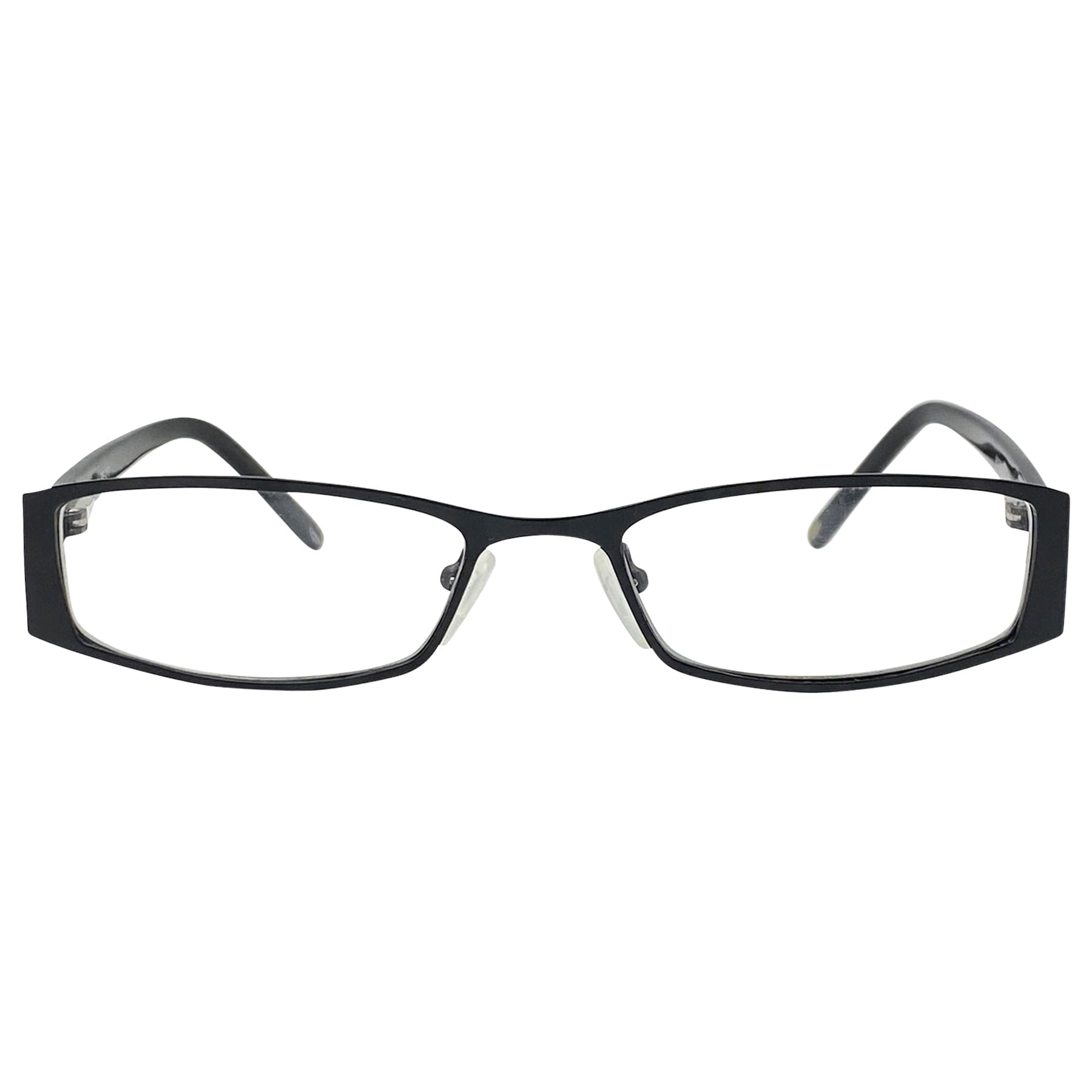 all black glasses with a matte metal finish frame and clear lens