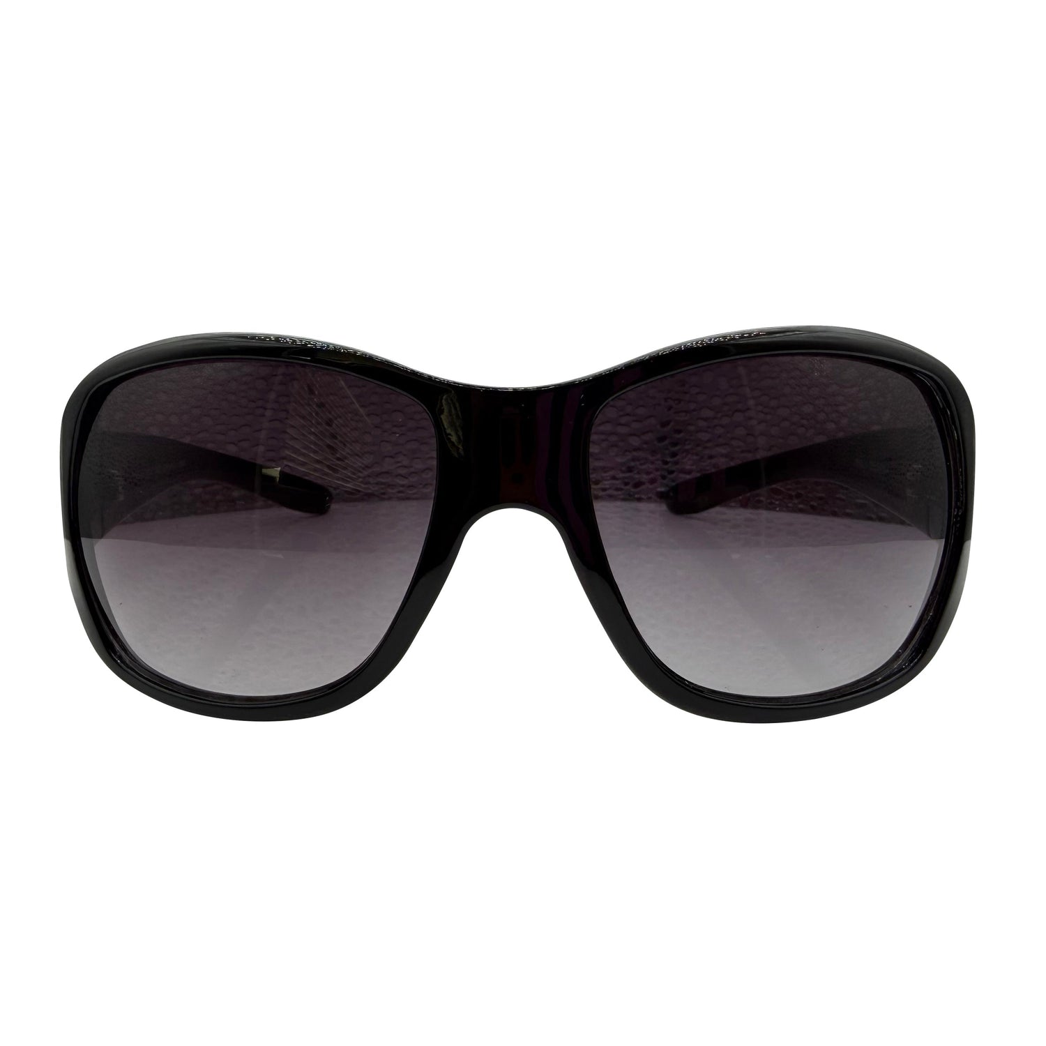 A pair of GLITZ AND GLAM oversized black sunglasses with gradient gray lenses, shown from the front on a solid white background.