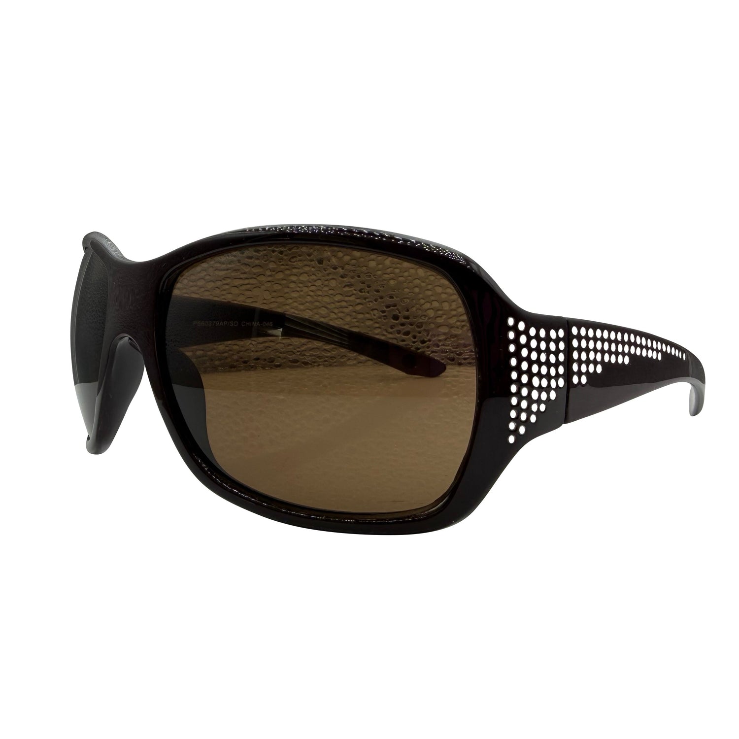 GLITZ AND GLAM wrap-around sunglasses with brown tinted lenses and perforated side temple details, shown on a plain white background.