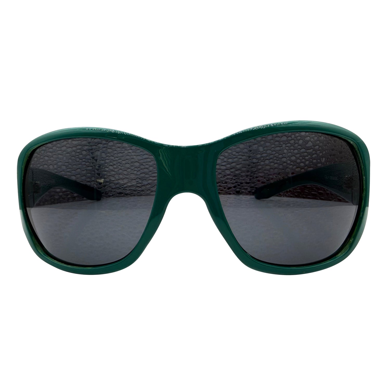 A pair of GLITZ AND GLAM oversized square sunglasses with a dark green frame and dark gray lenses, shown against a plain white background.