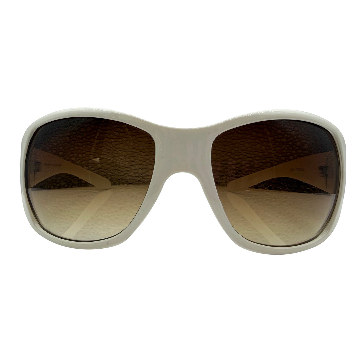 A pair of GLITZ AND GLAM oversized square sunglasses with a thick off-white frame and brown gradient lenses, shown against a plain white background.