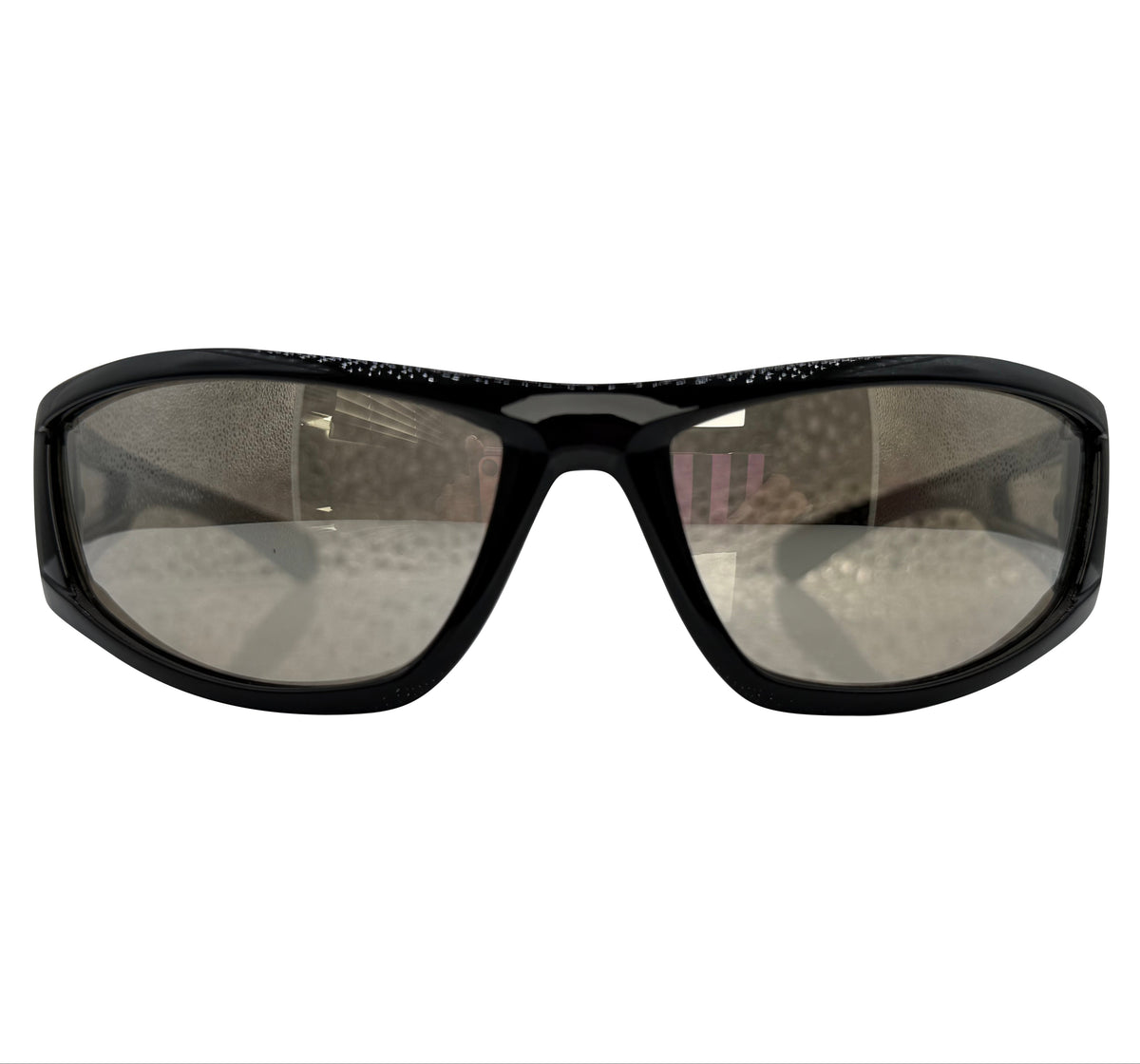 Black wrap-around sunglasses with tinted lenses, shown from the front on a plain white background.