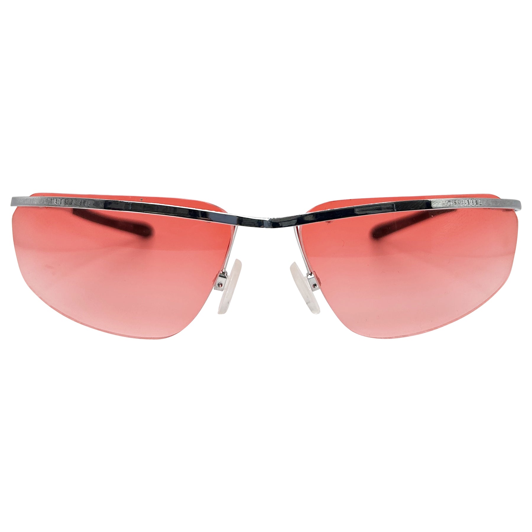 wraparound red sunglasses with a rimless metal frame 