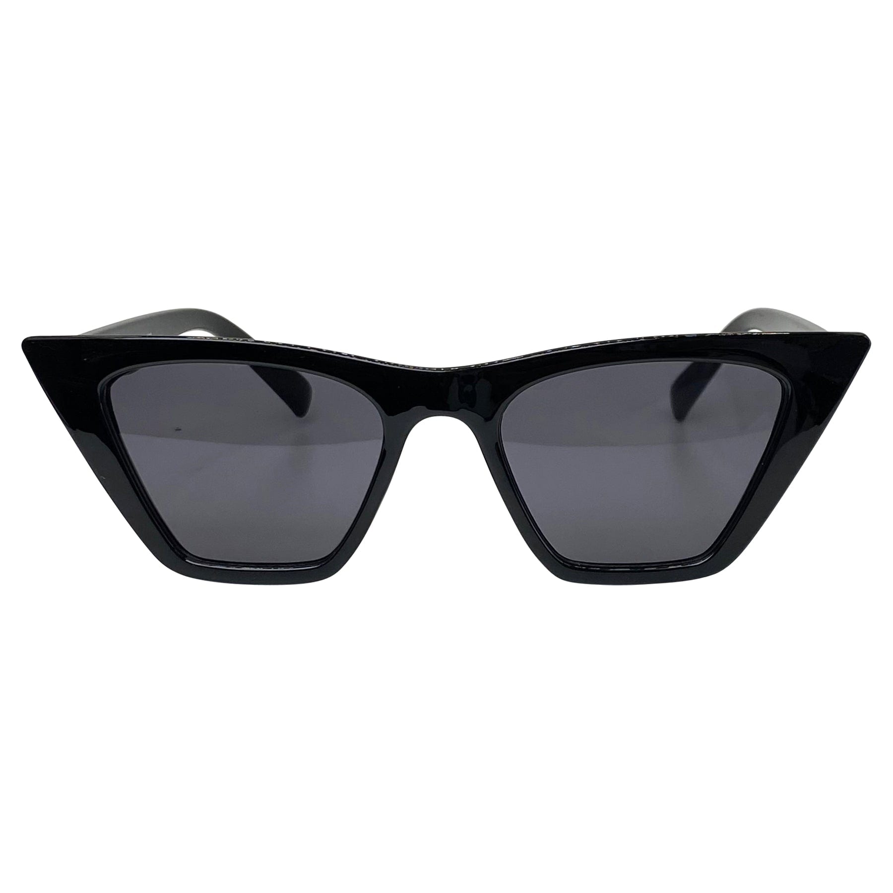 80s retro sunglasses with a gloss black color and angled cat eye shape