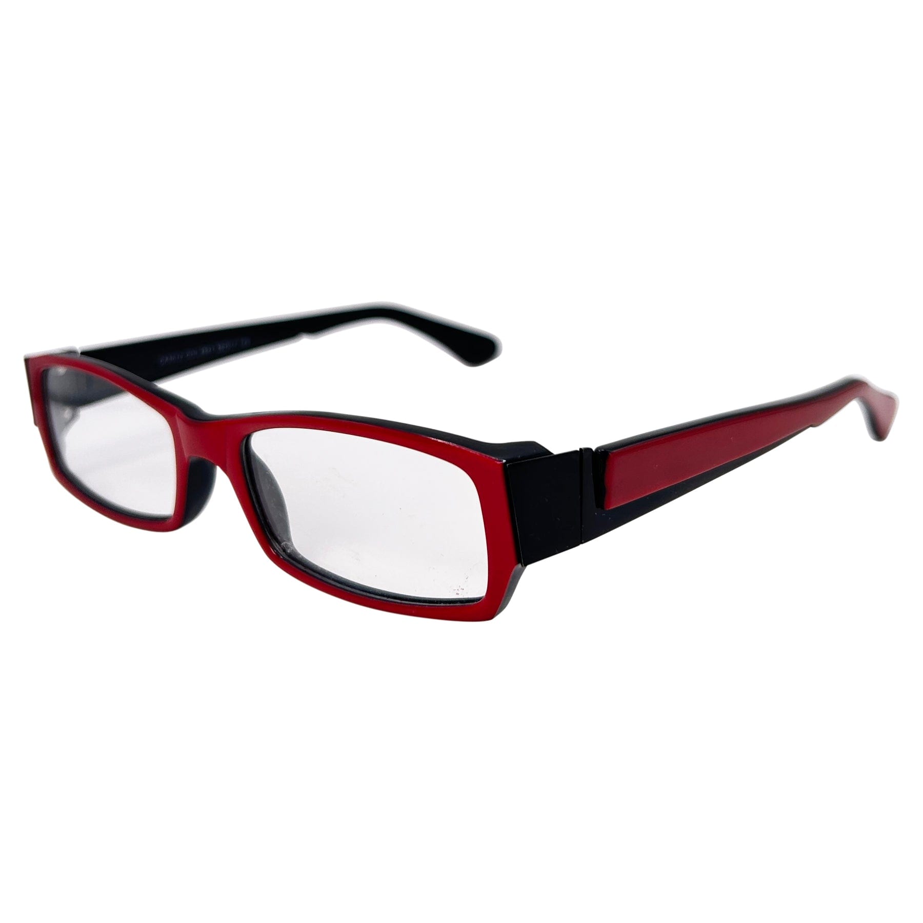 square red colored glasses with a 90s style frame