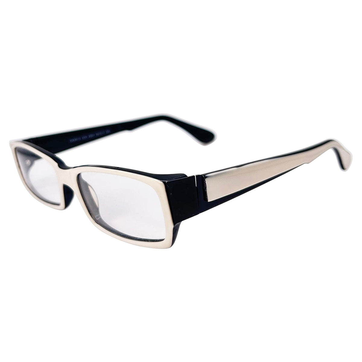clear square glasses with a 90s style white frame