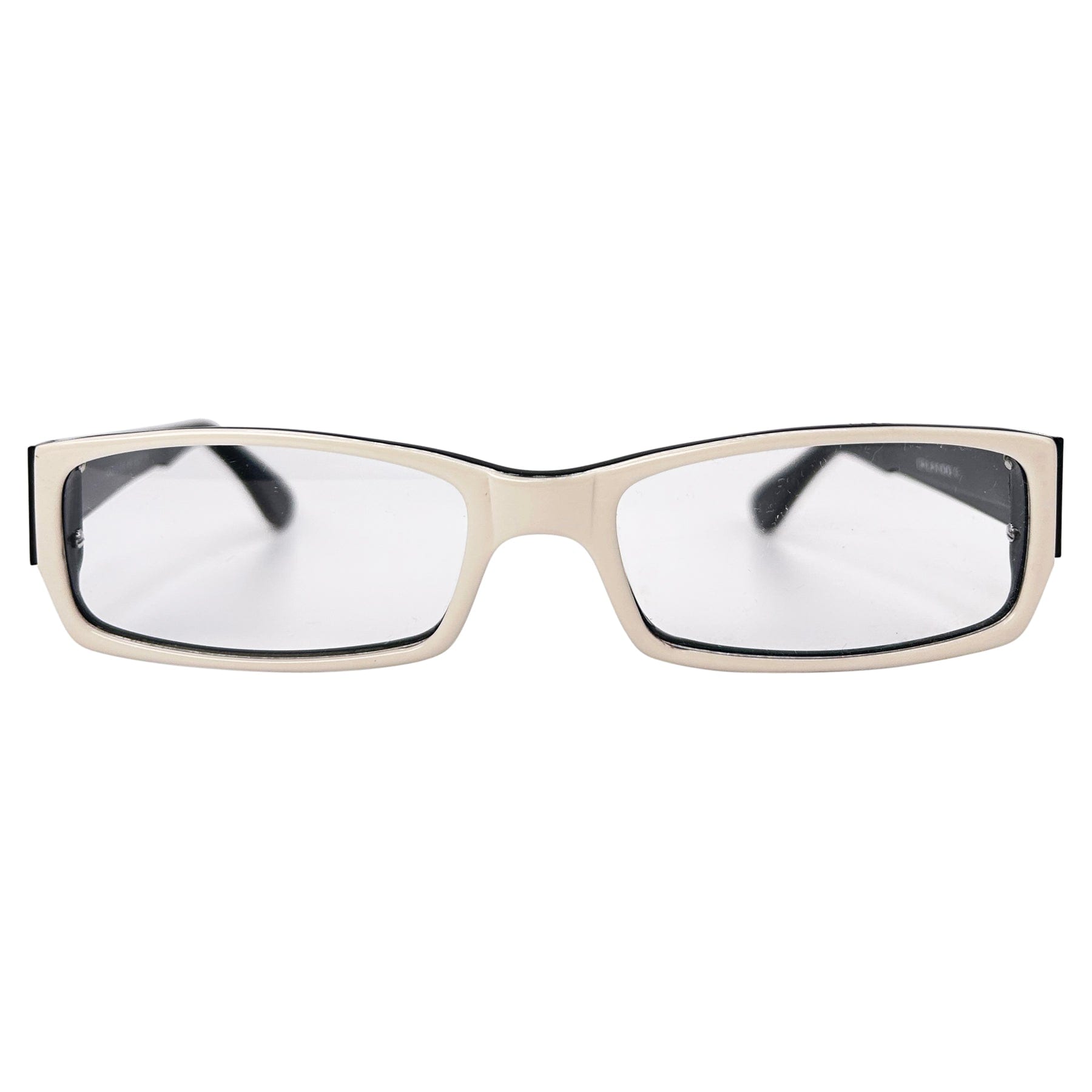 white color glasses with a rectangular 90s style frame