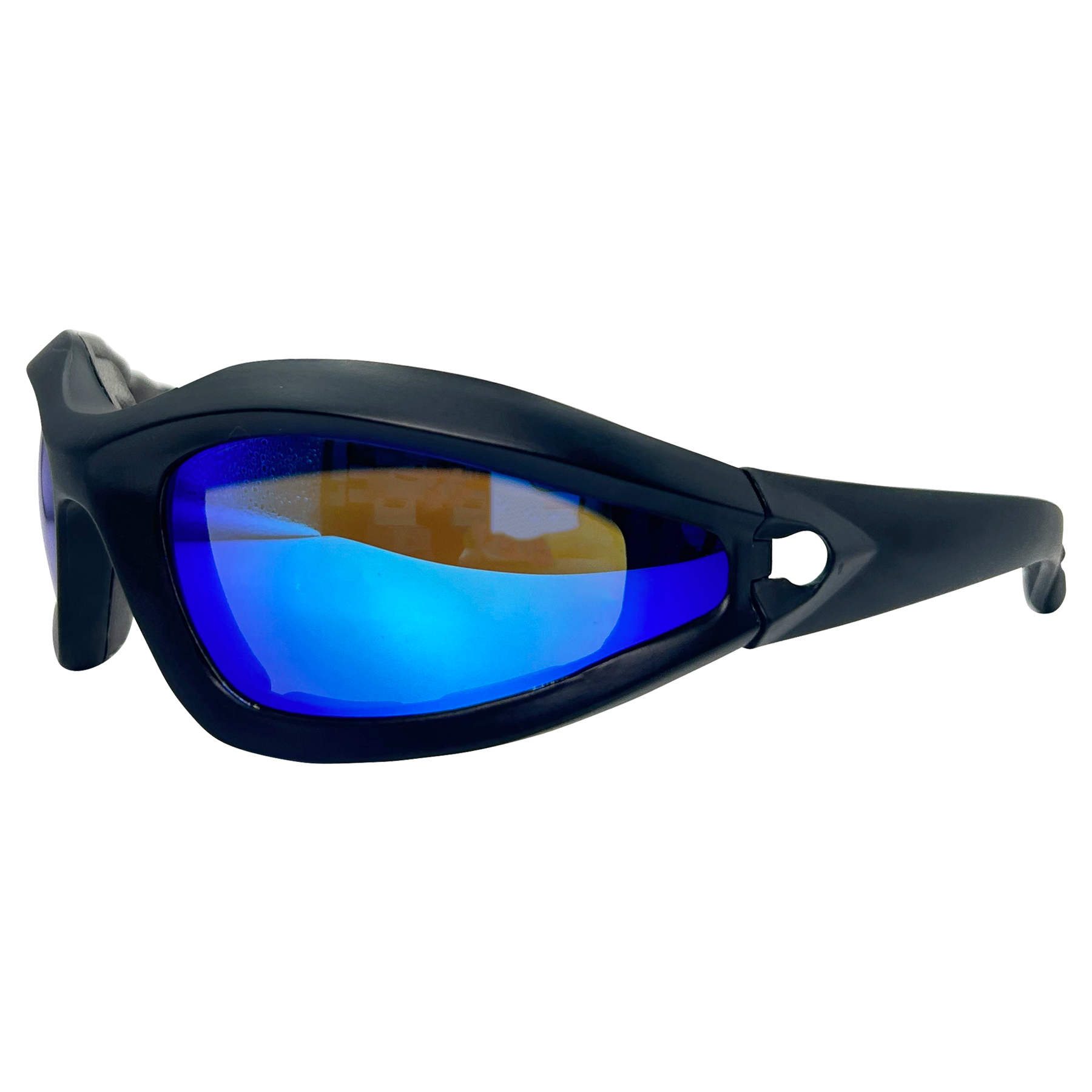 mirrored men's sunglasses and unisex sunglasses with blue RV lens, sports shield style