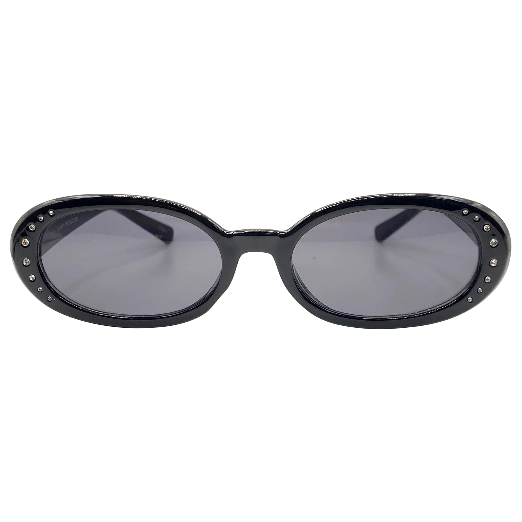 black round sunglasses with rhinestones and super dark tinted lens
