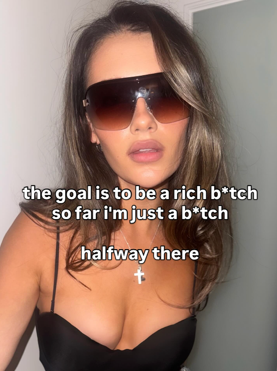 Person wearing sunglasses with text overlay on a plain background