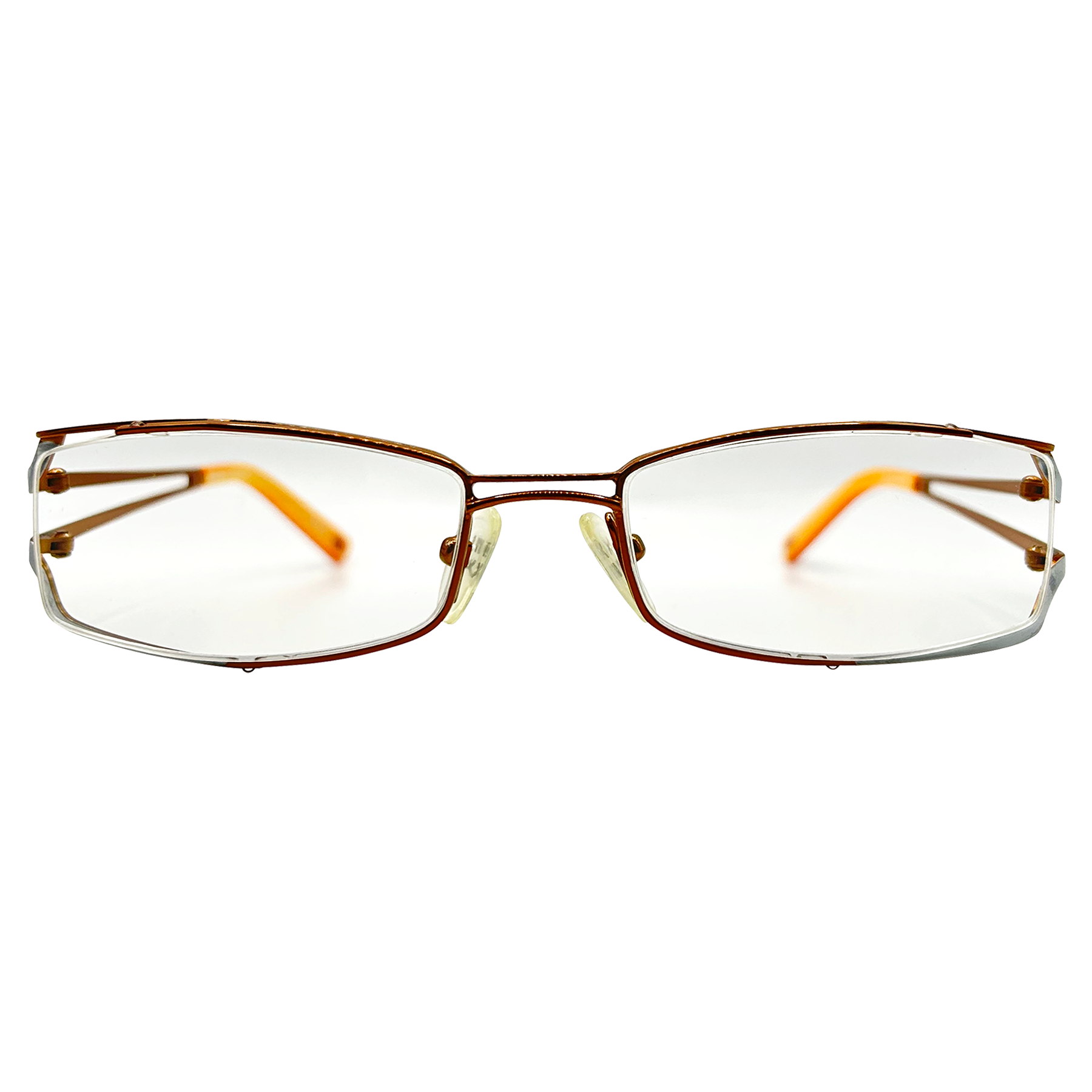 orange colored glasses with a metal frame and floating clear lens