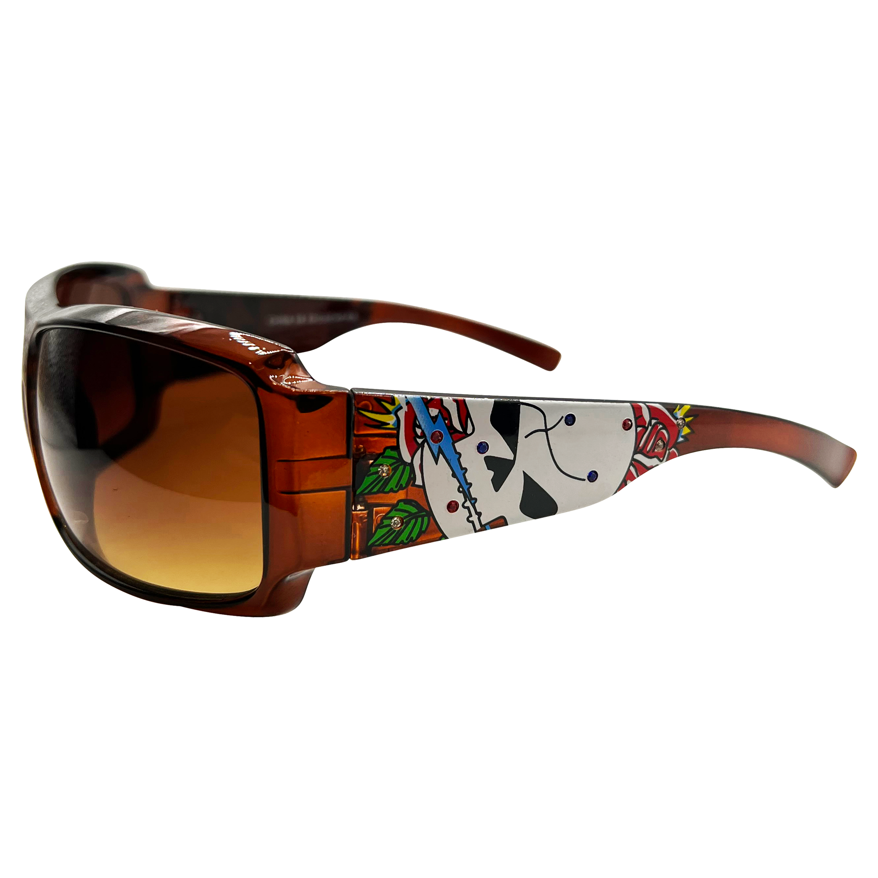 TATTED BEDAZZLED Sporty Y2K Tattoo Art Sunglasses: Jelly Brown/Amber Torch Skull