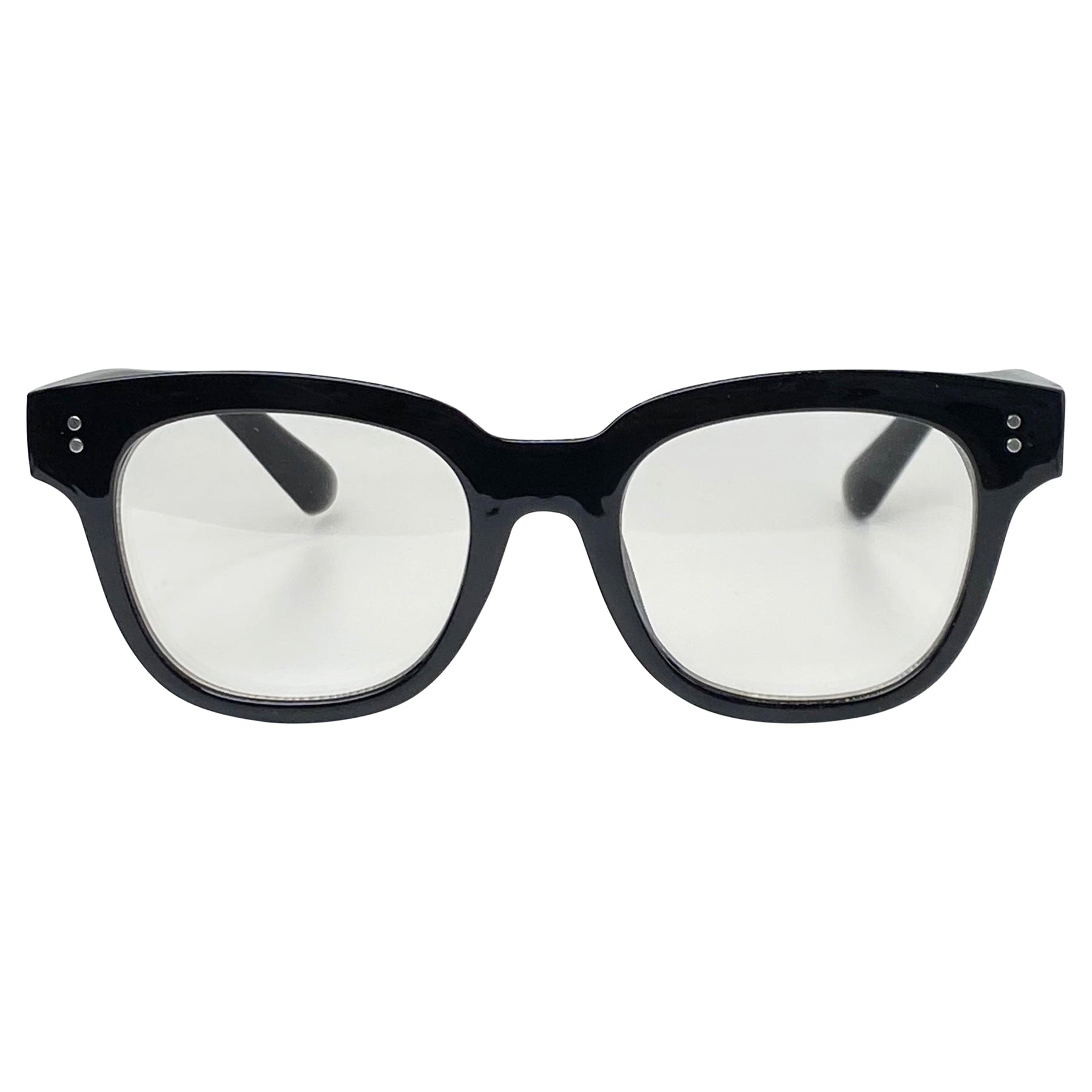 black colored glasses with a clear blueblocker lens 